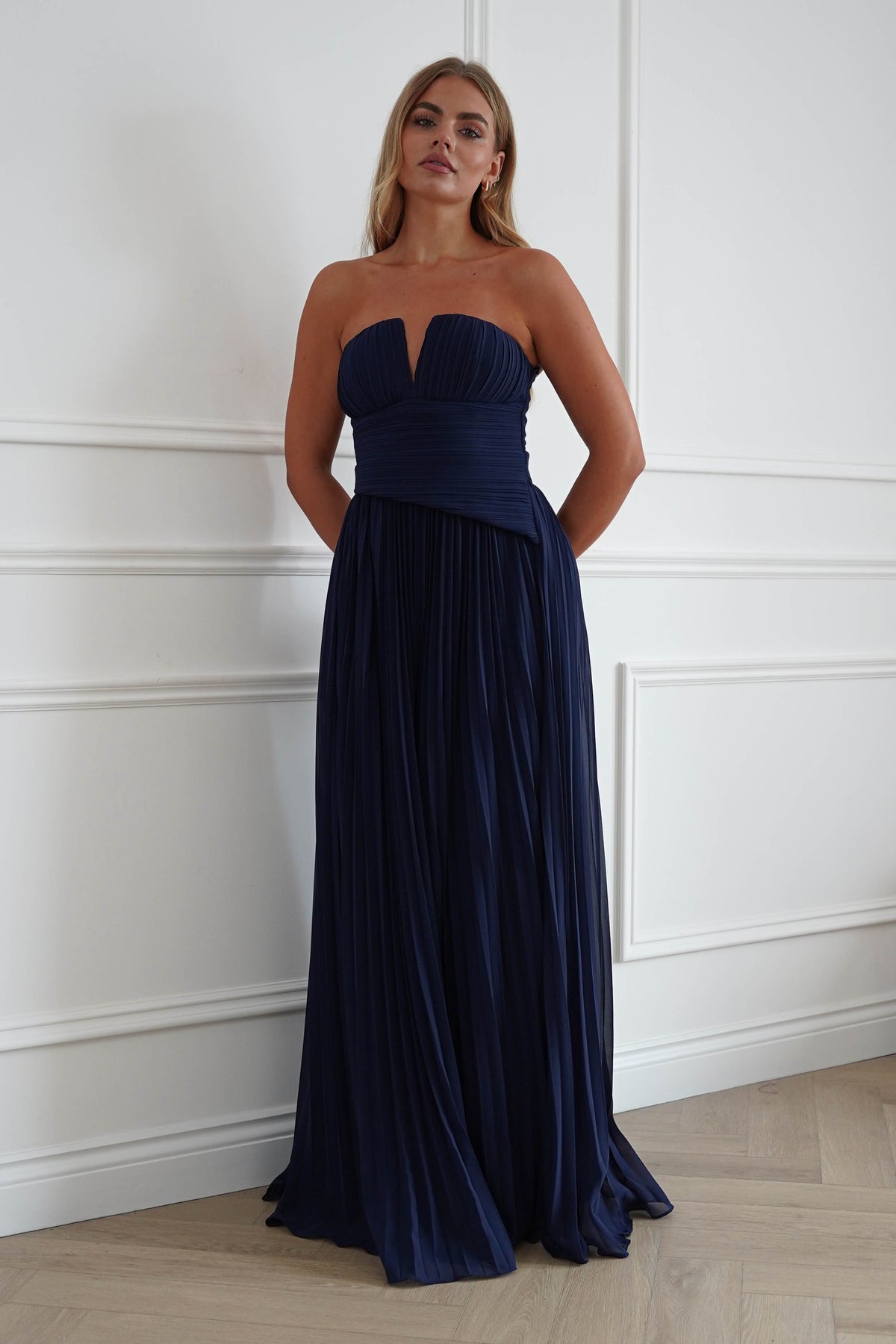 Oh Hello Clothing Women > Clothing > Dresses Porto Strapless Pleated Chiffon Maxi Dress | Navy