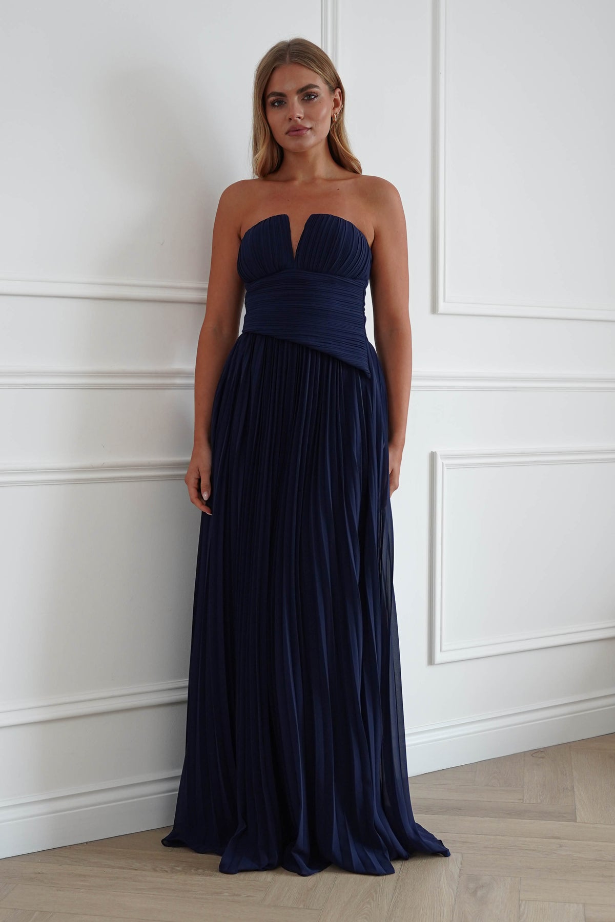 Oh Hello Clothing Women > Clothing > Dresses Porto Strapless Pleated Chiffon Maxi Dress | Navy