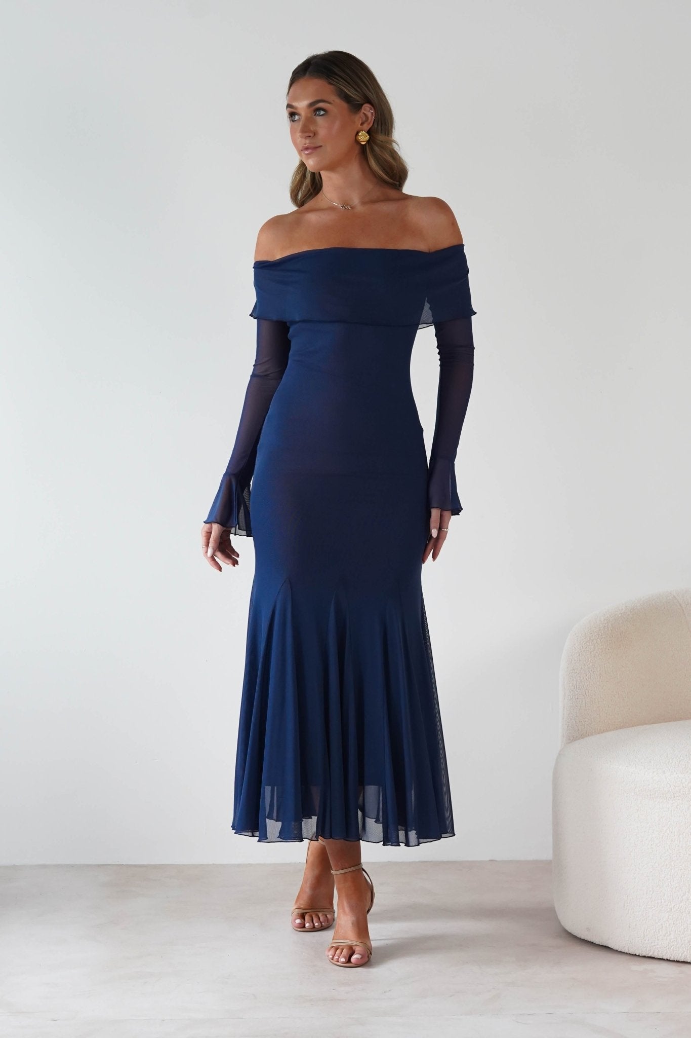 Presley Mesh Long Sleeve Midaxi Dress Blue | Wedding Guest Dress | Long Sleeve | Mesh | Oh Hello Clothing