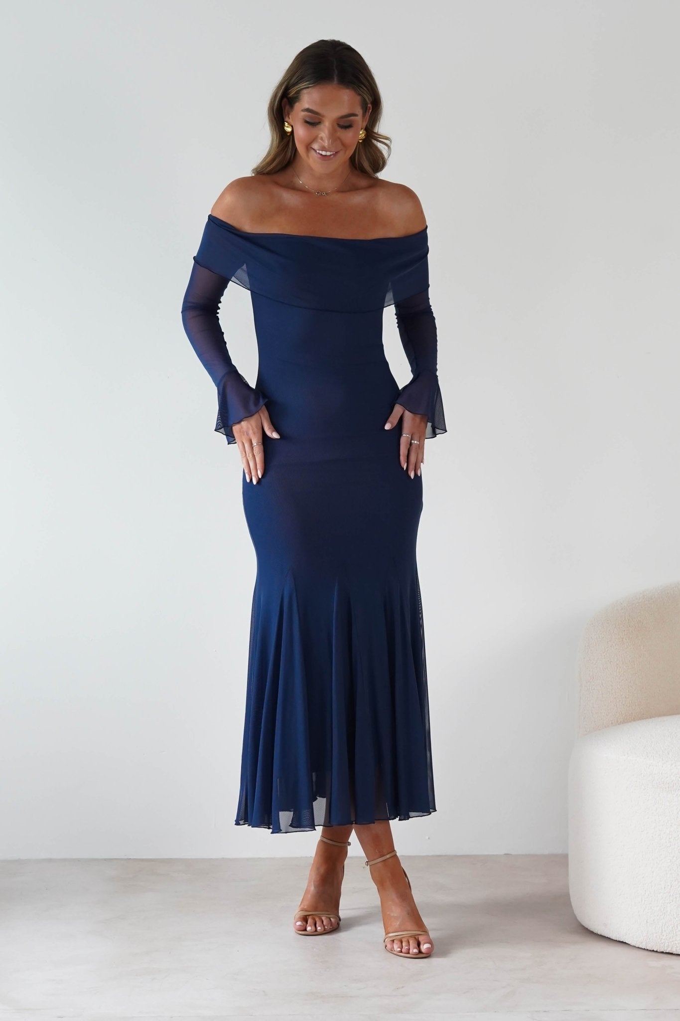 Presley Mesh Long Sleeve Midaxi Dress Blue | Wedding Guest Dress | Long Sleeve | Mesh | Oh Hello Clothing