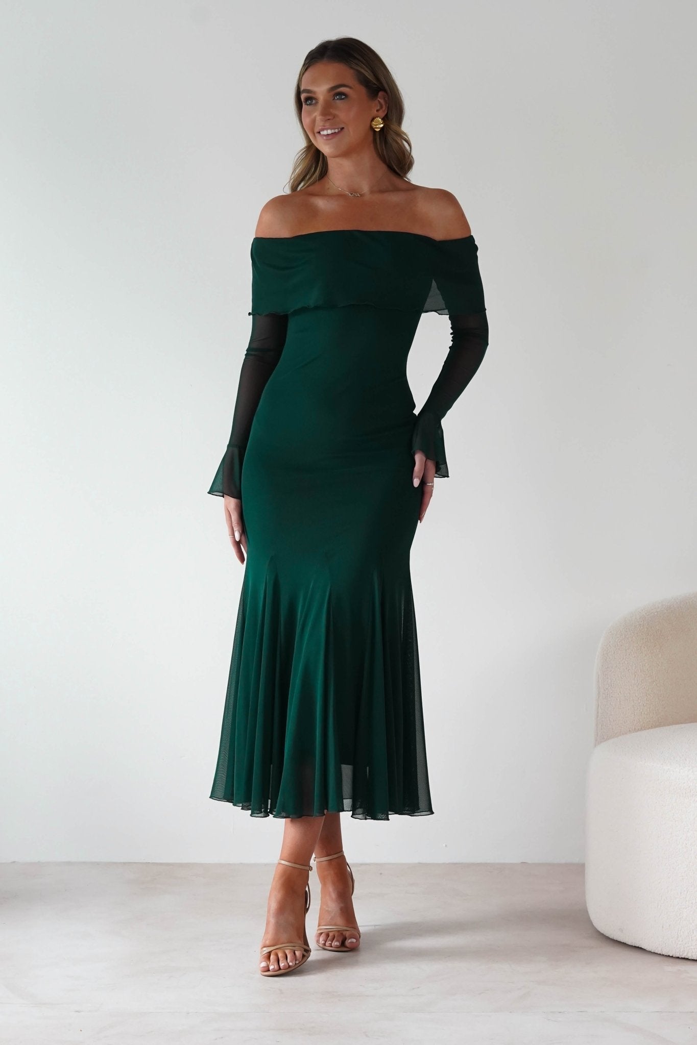 Presley Mesh Long Sleeve Midaxi Dress Forest Green | Wedding Guest Dress | Long Sleeve | Mesh | Oh Hello Clothing