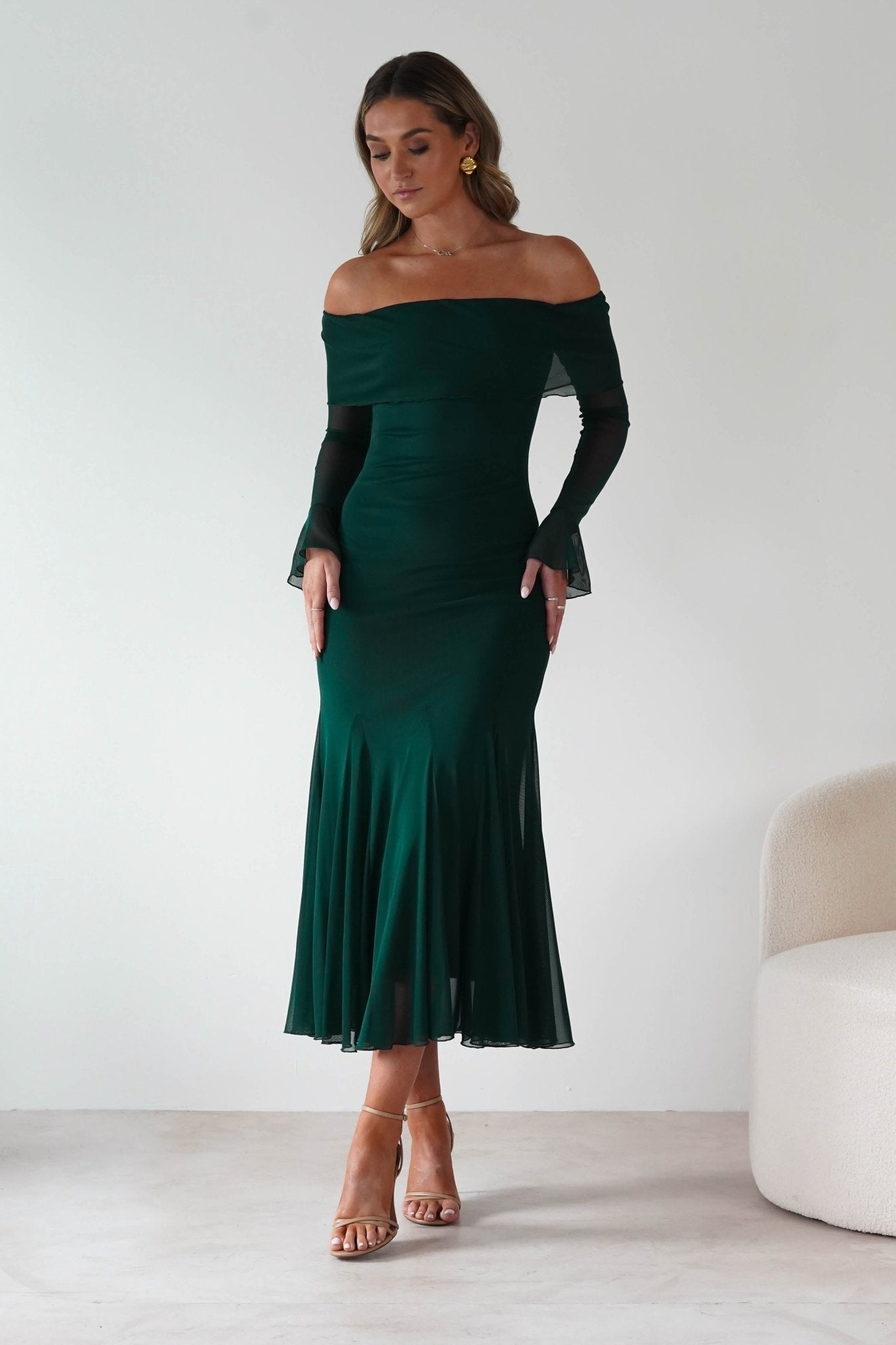 Presley Mesh Long Sleeve Midaxi Dress Forest Green | Wedding Guest Dress | Long Sleeve | Mesh | Oh Hello Clothing