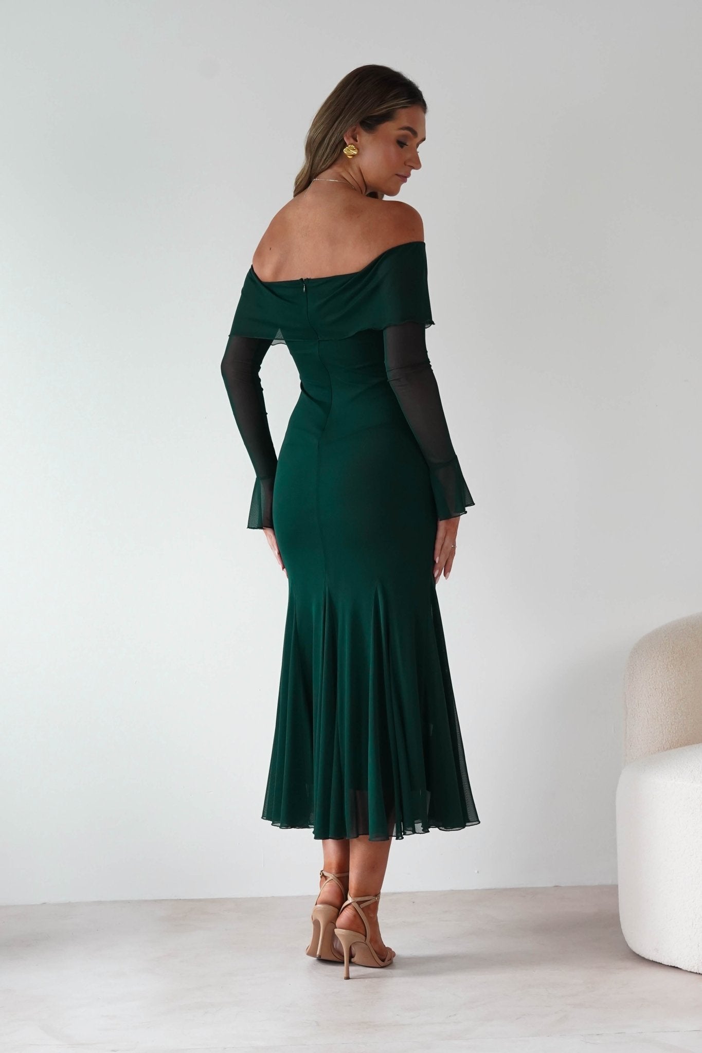 Presley Mesh Long Sleeve Midaxi Dress Forest Green | Wedding Guest Dress | Long Sleeve | Mesh | Oh Hello Clothing