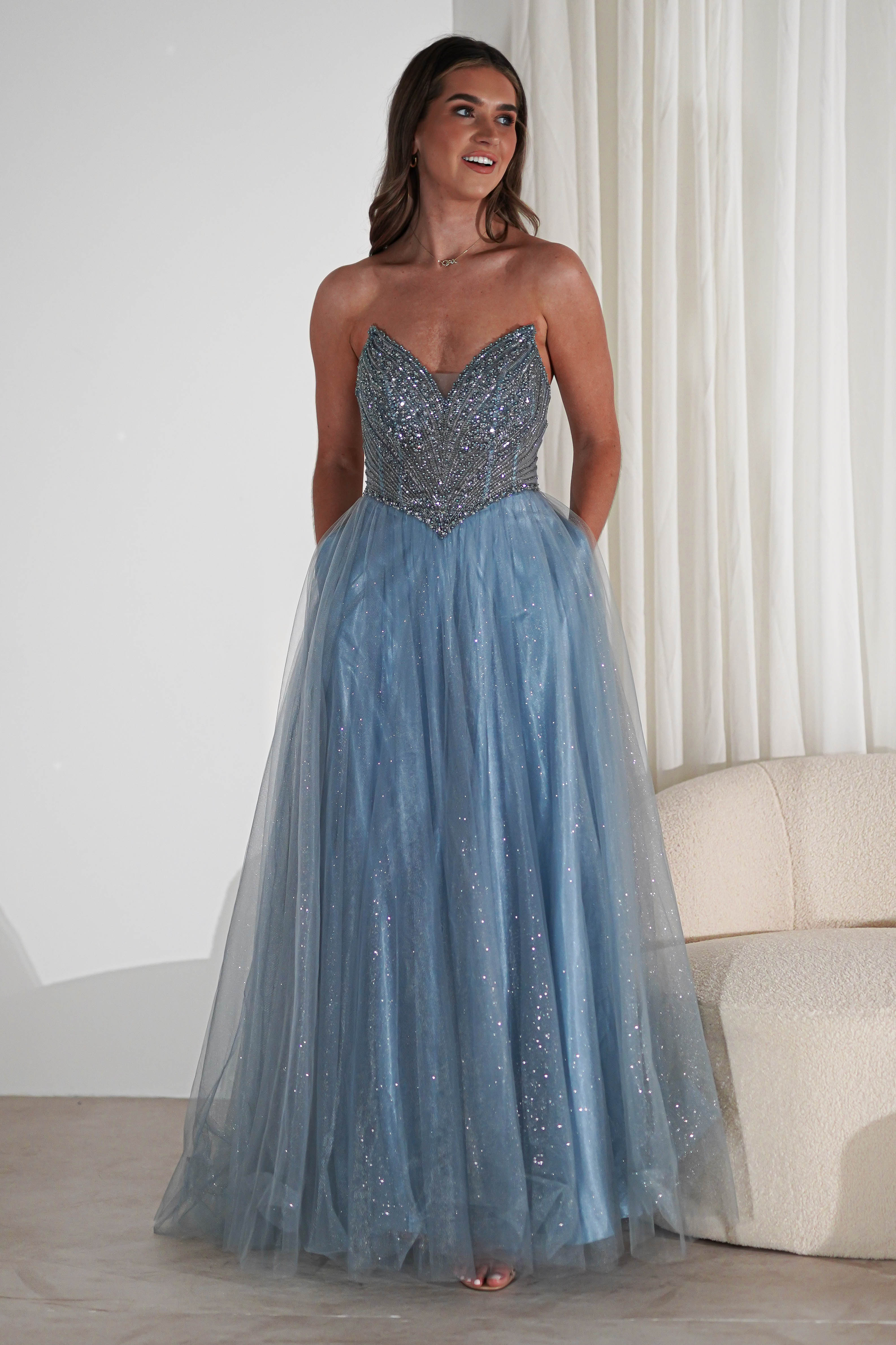 Priscilla Princess Glitter Gown | Dusty Blue | Debs & Prom | Formal Gown | Oh Hello Clothing