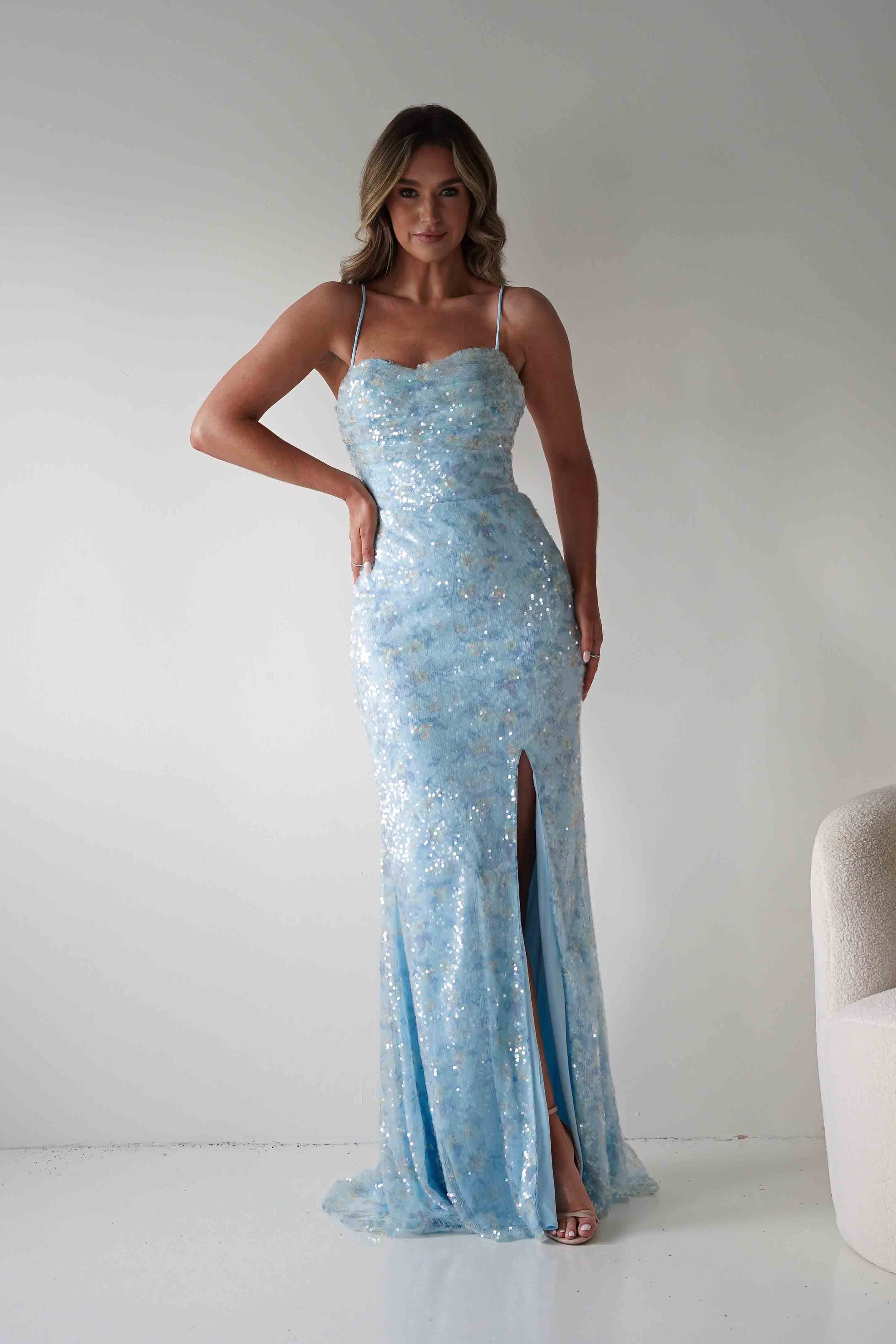 Oh Hello Clothing Dresses > Prom Dresses Rae Bodycon Floral Sequin Maxi Gown | Blue