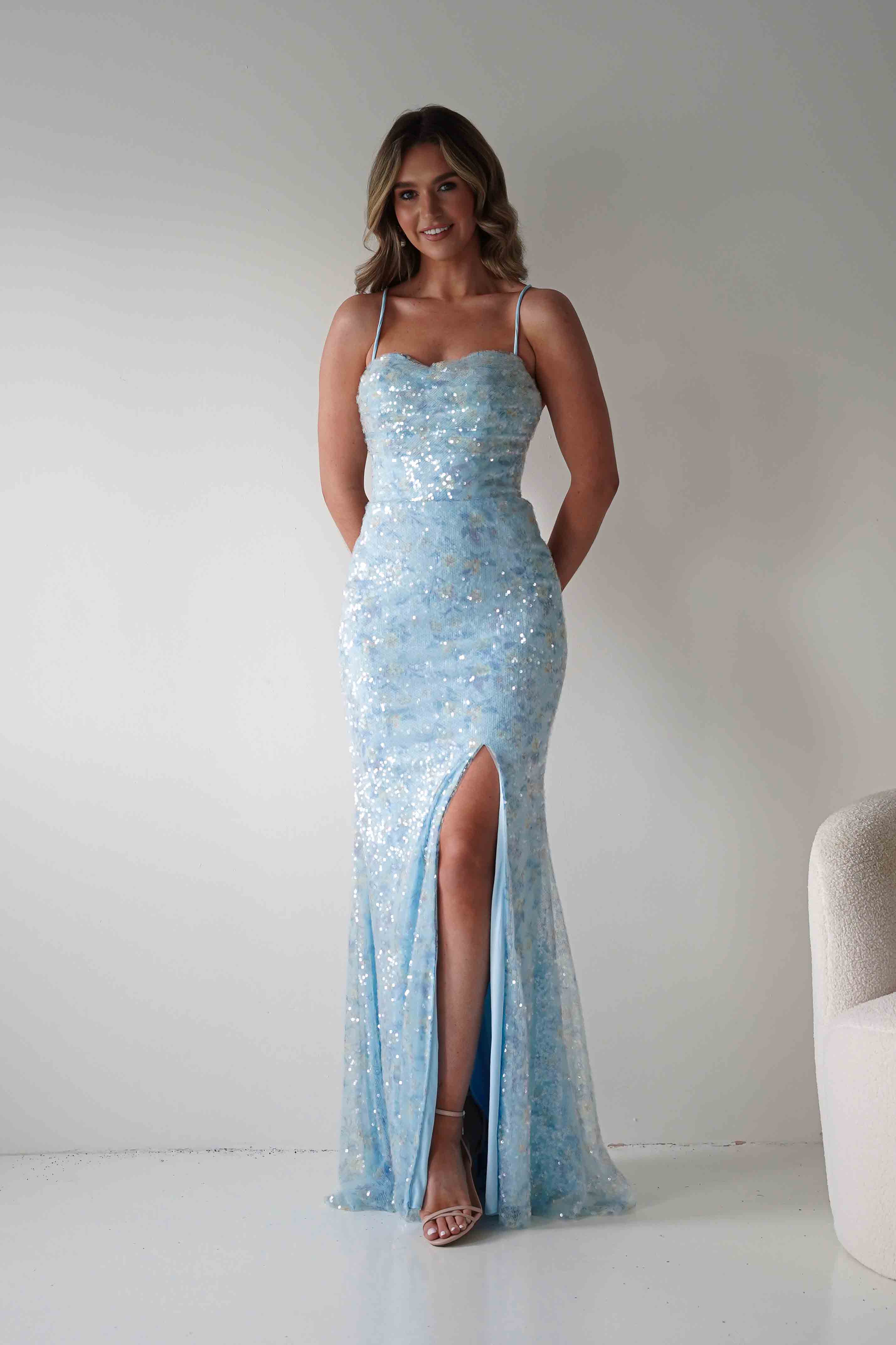 Oh Hello Clothing Dresses > Prom Dresses Rae Bodycon Floral Sequin Maxi Gown | Blue