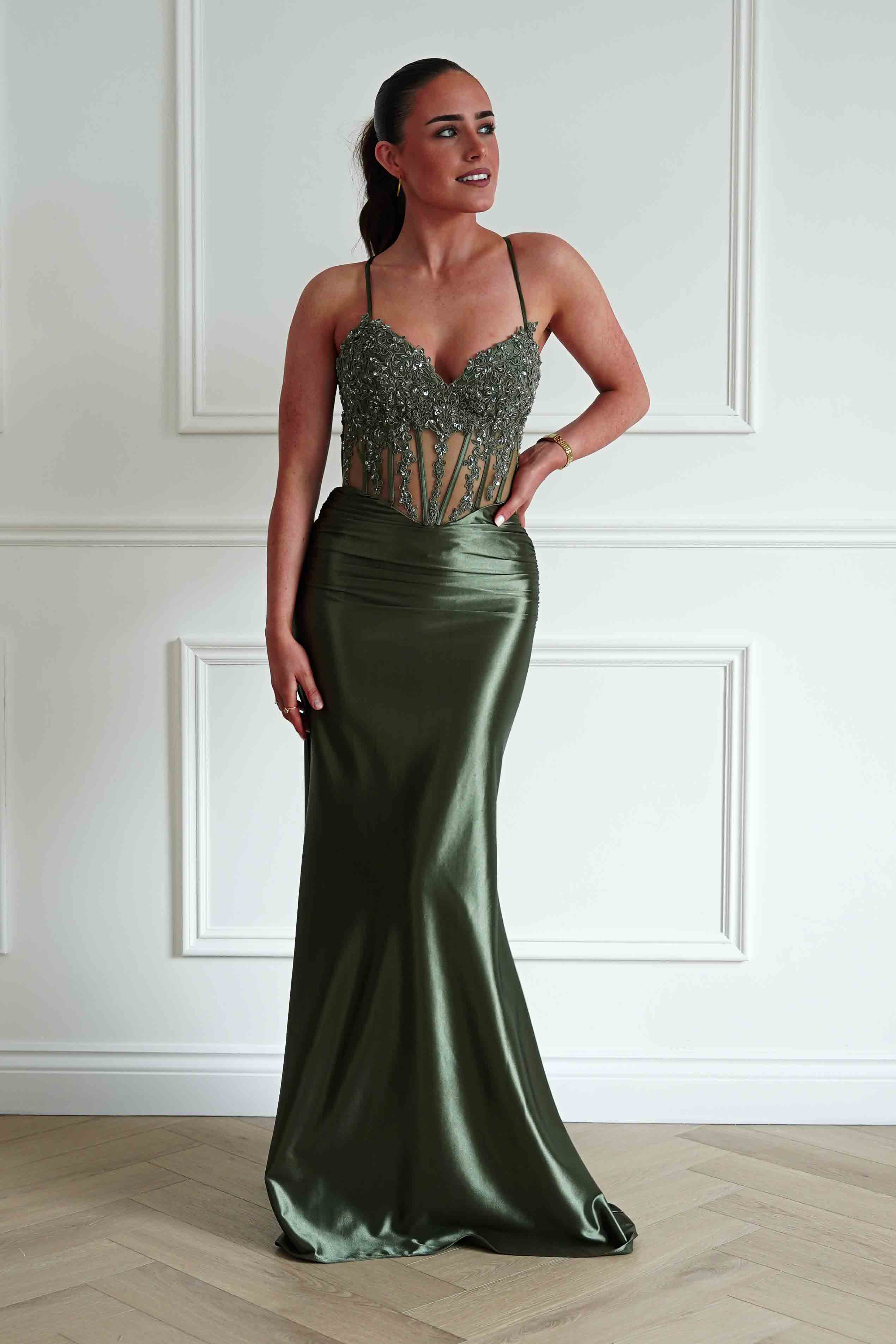 Oh Hello Clothing Dresses > Prom Dresses Raya Embellished Corset Gown | Olive