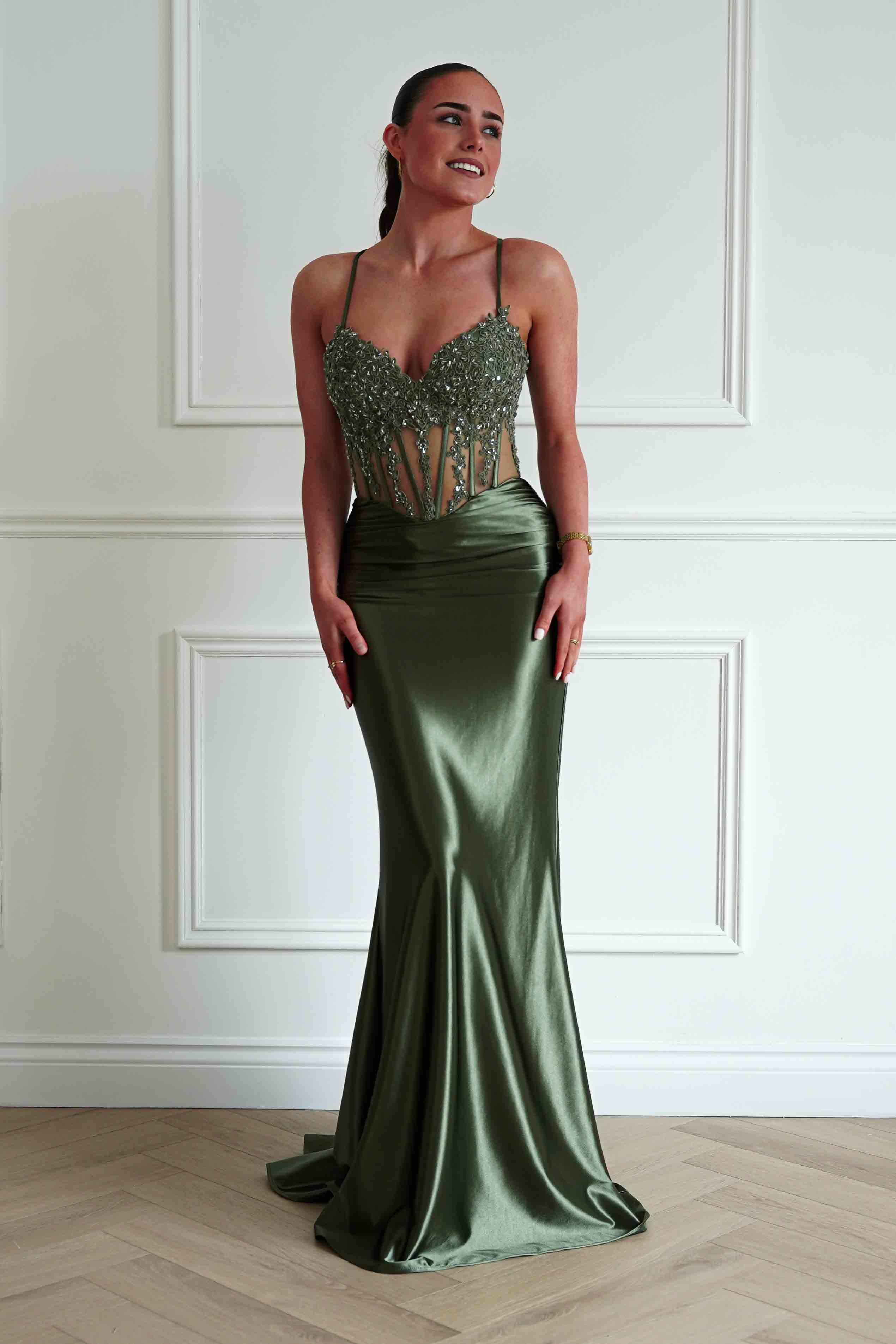 Oh Hello Clothing Dresses > Prom Dresses Raya Embellished Corset Gown | Olive