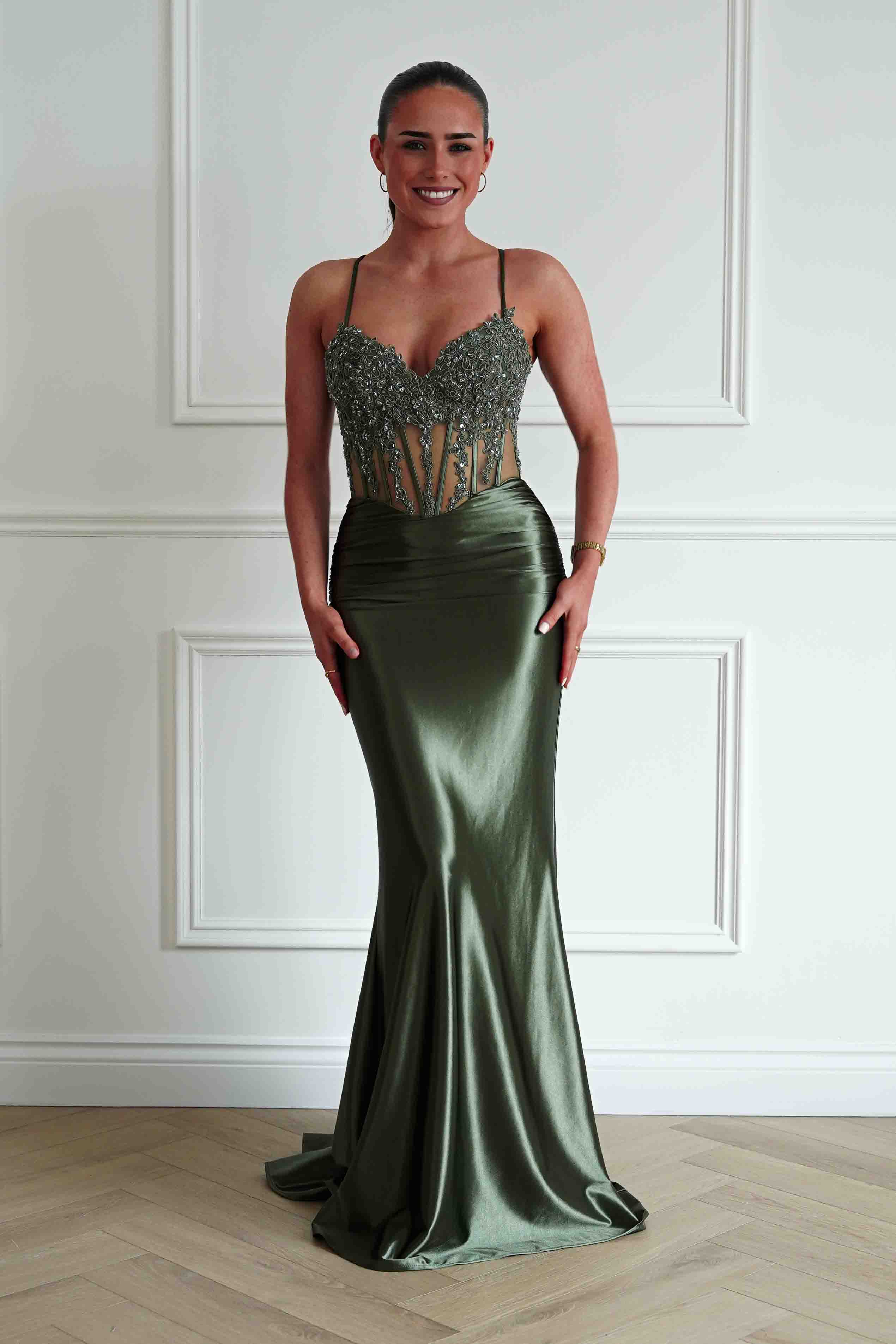 Oh Hello Clothing Dresses > Prom Dresses Raya Embellished Corset Gown | Olive