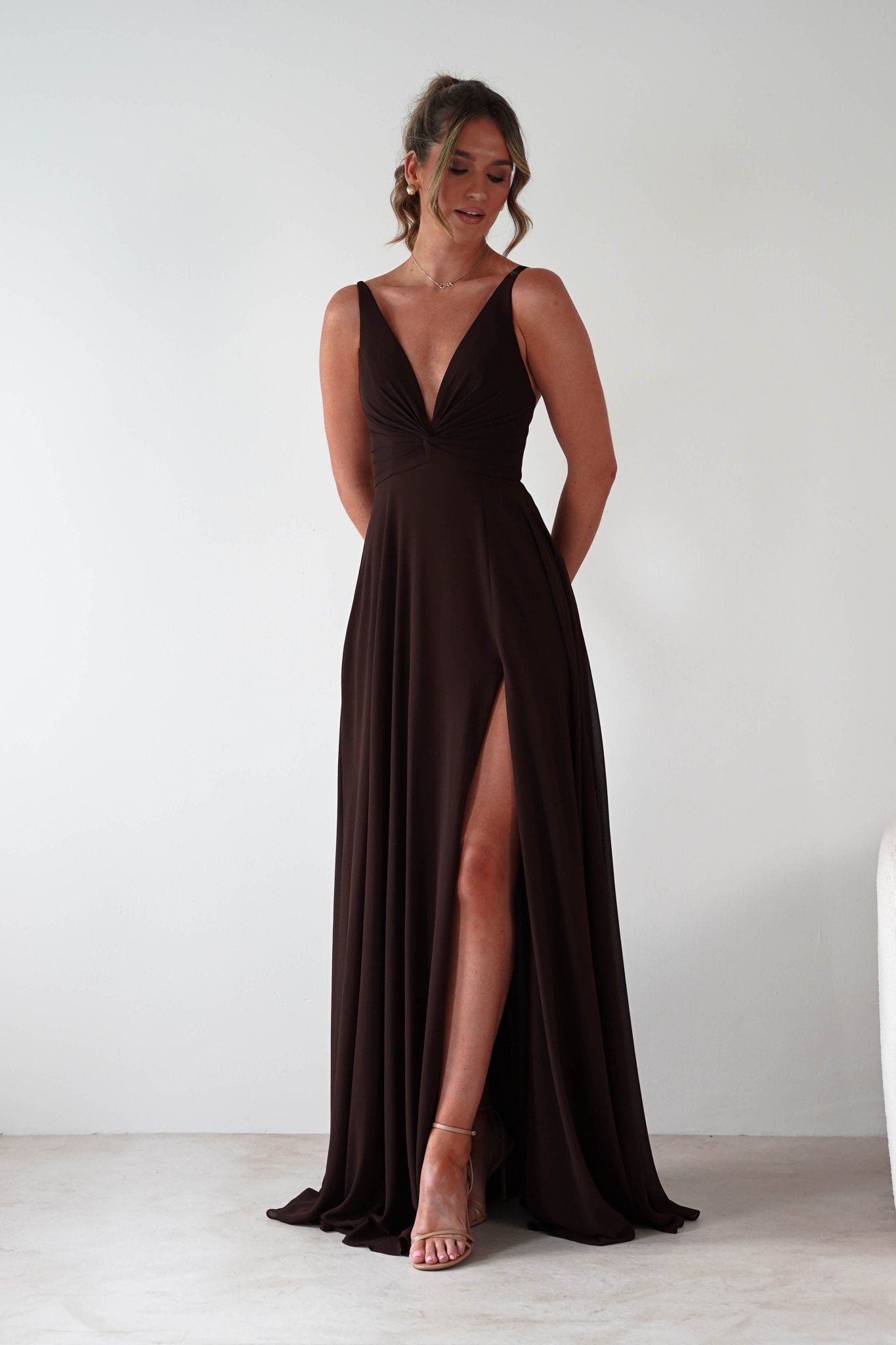 Rebecca Chiffon Maxi Dress Brown | Wedding Guest Dress | Maxi | Chiffon | Oh Hello Clothing