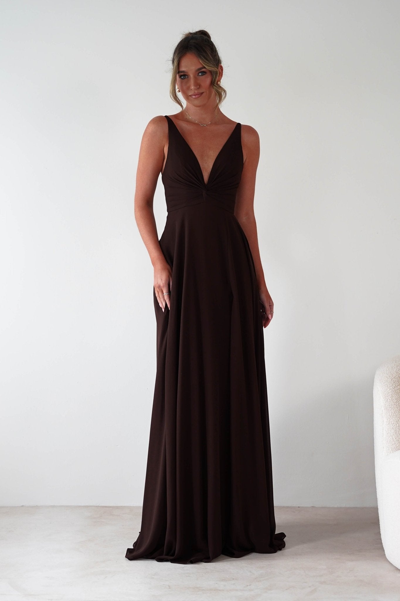 Rebecca Chiffon Maxi Dress Brown | Wedding Guest Dress | Maxi | Chiffon | Oh Hello Clothing