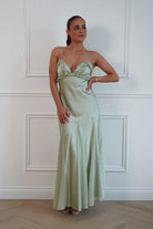 Oh Hello Clothing Women > Clothing > Dresses Remi Frill Trim Satin Maxi Dress | Sage