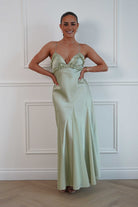 Oh Hello Clothing Women > Clothing > Dresses Remi Frill Trim Satin Maxi Dress | Sage