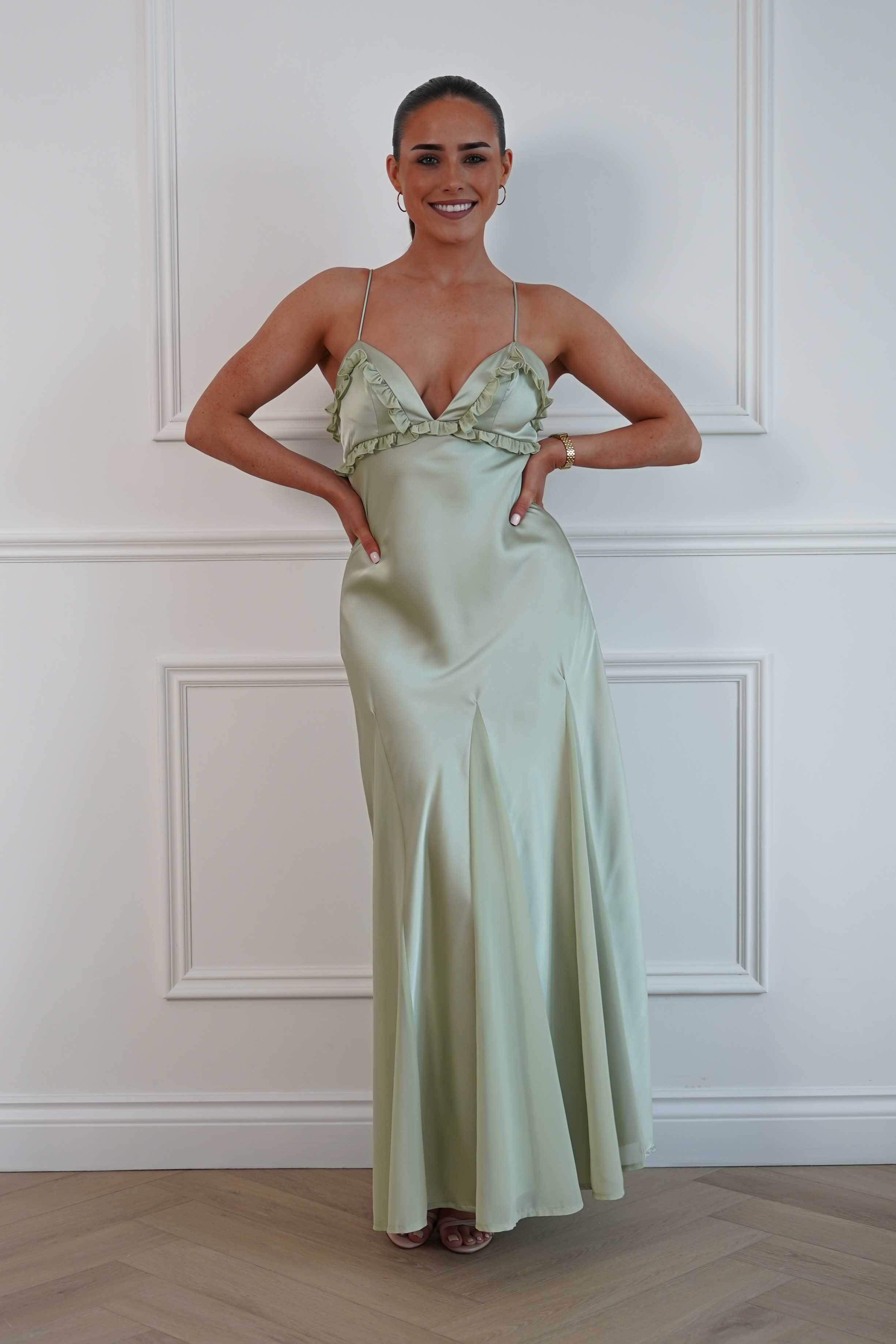 Oh Hello Clothing Women > Clothing > Dresses Remi Frill Trim Satin Maxi Dress | Sage