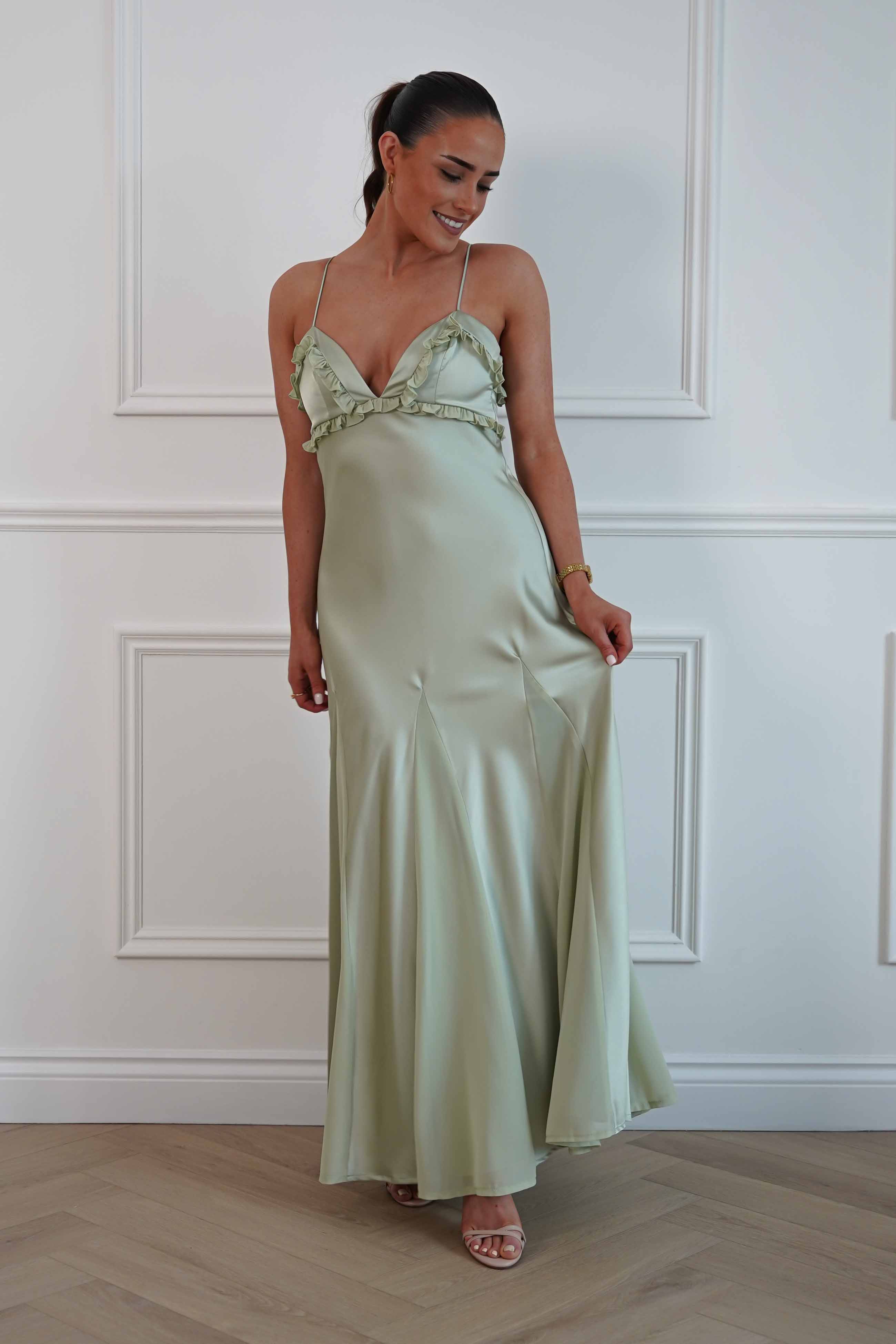 Oh Hello Clothing Women > Clothing > Dresses Remi Frill Trim Satin Maxi Dress | Sage