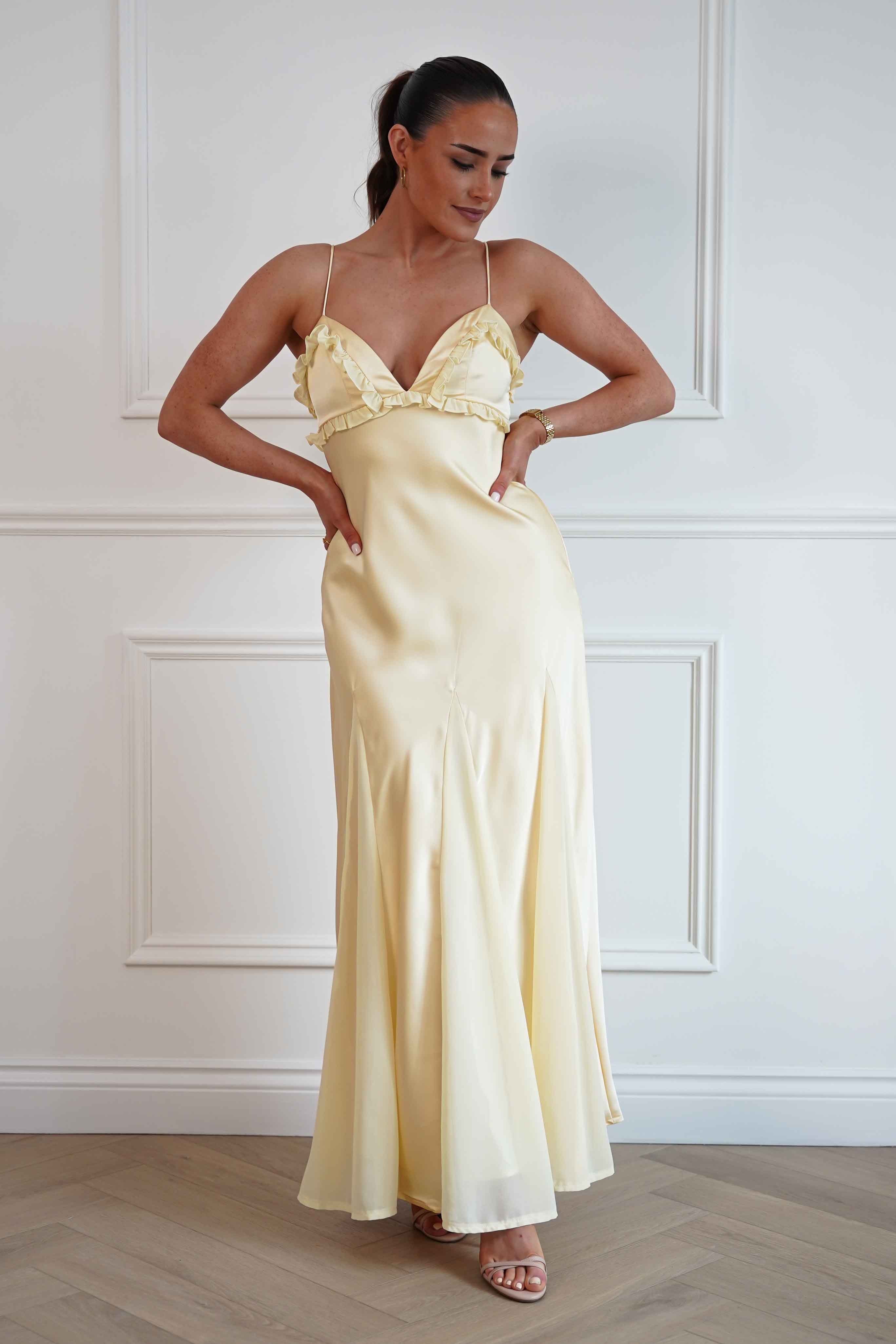 Oh Hello Clothing Women > Clothing > Dresses Remi Frill Trim Satin Maxi Dress | Yellow