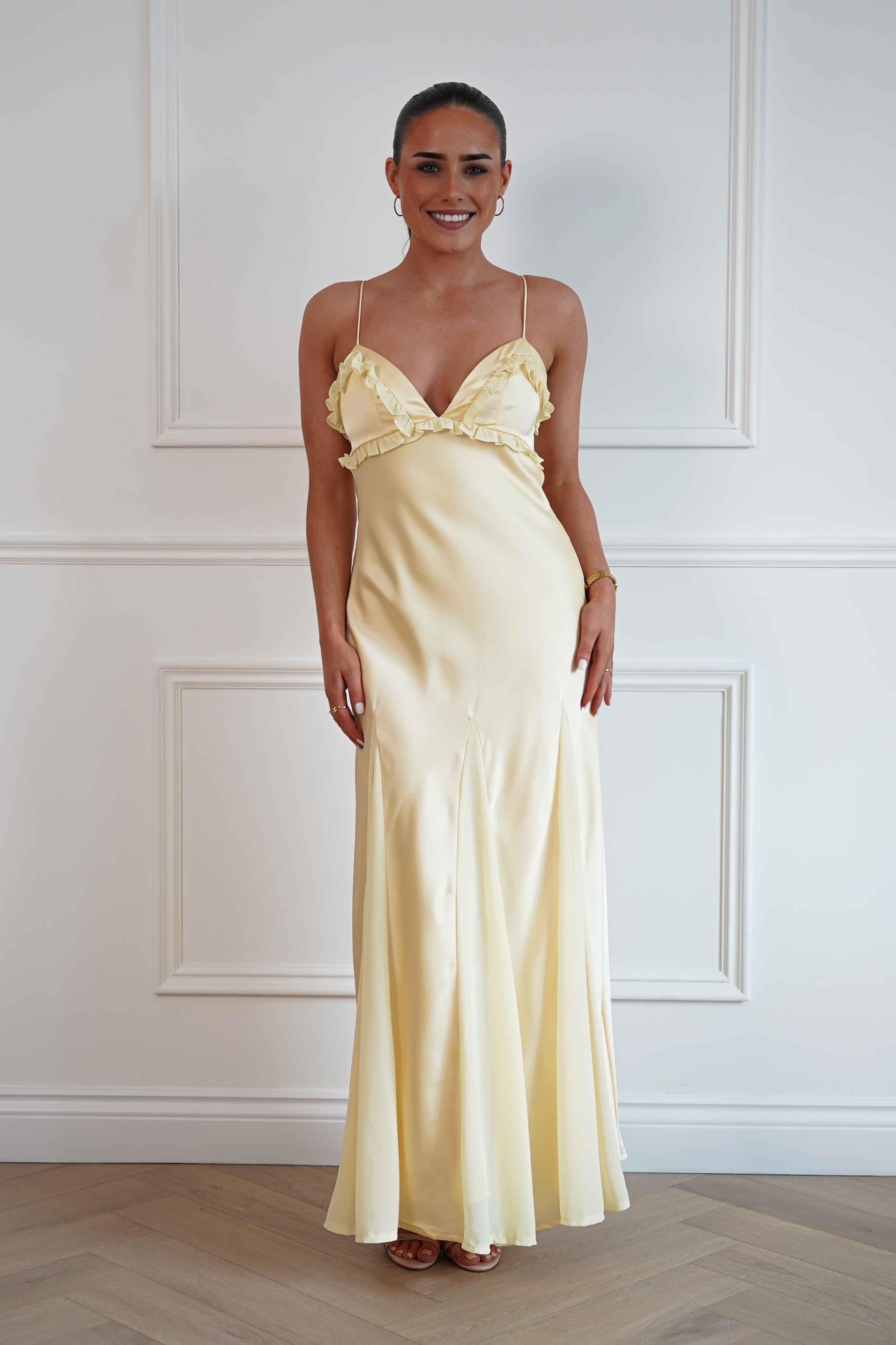 Oh Hello Clothing Women > Clothing > Dresses Remi Frill Trim Satin Maxi Dress | Yellow
