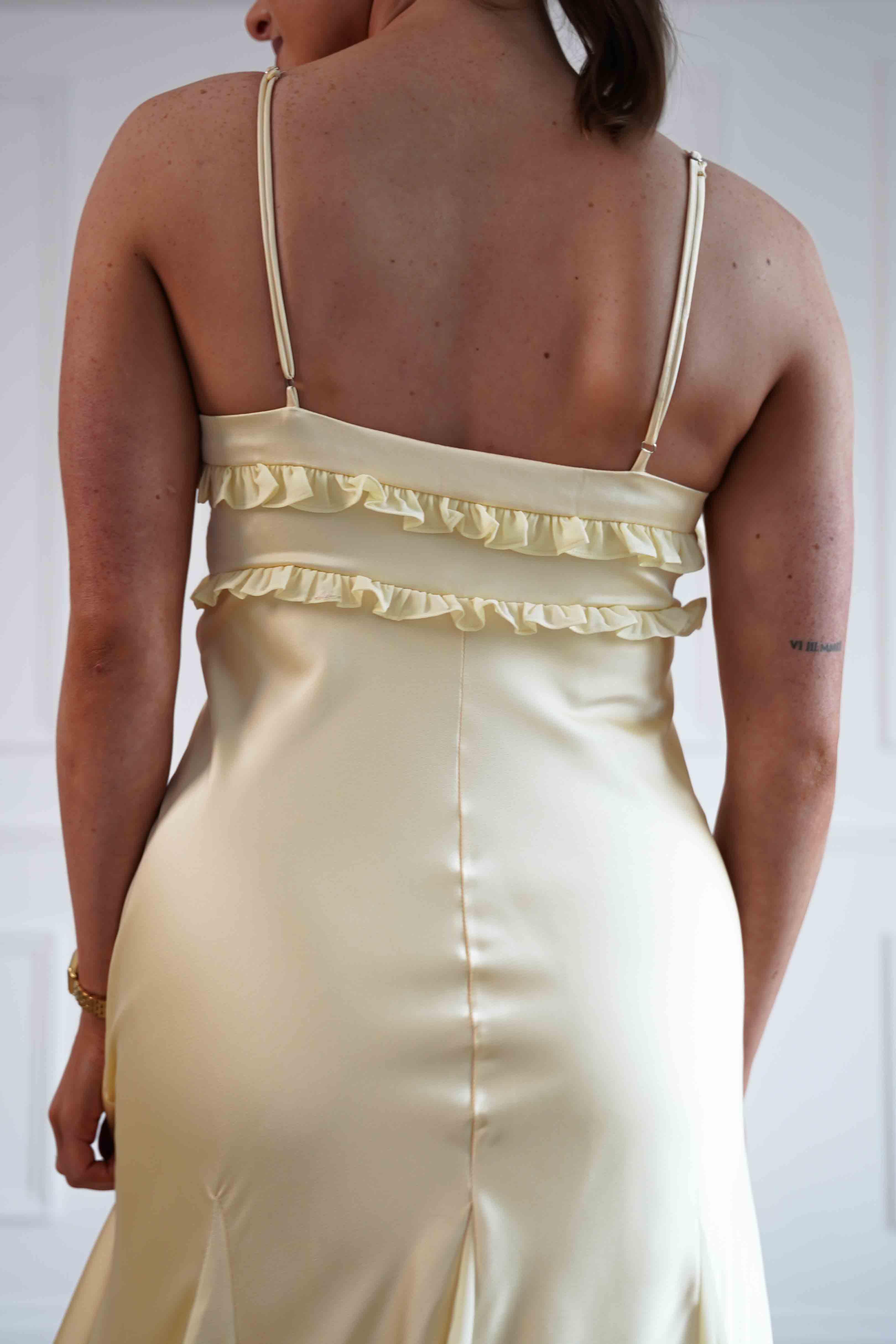 Oh Hello Clothing Women > Clothing > Dresses Remi Frill Trim Satin Maxi Dress | Yellow