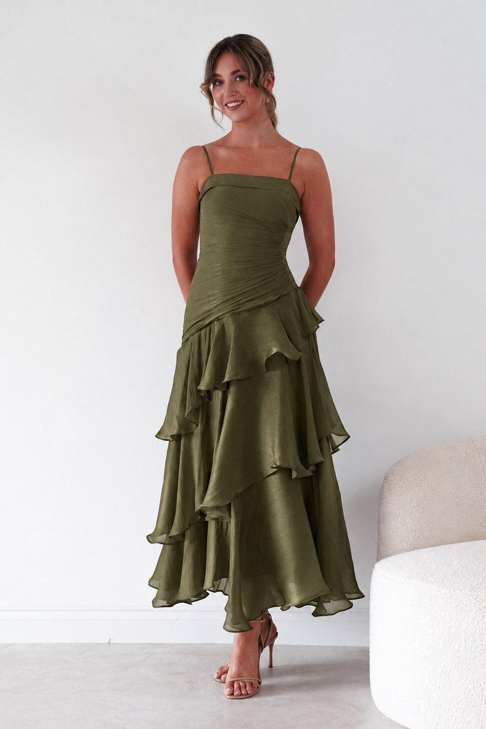 Oh Hello Clothing Women > Clothing > Dresses Renee Luminescent Ruffle Maxi Dress | Olive