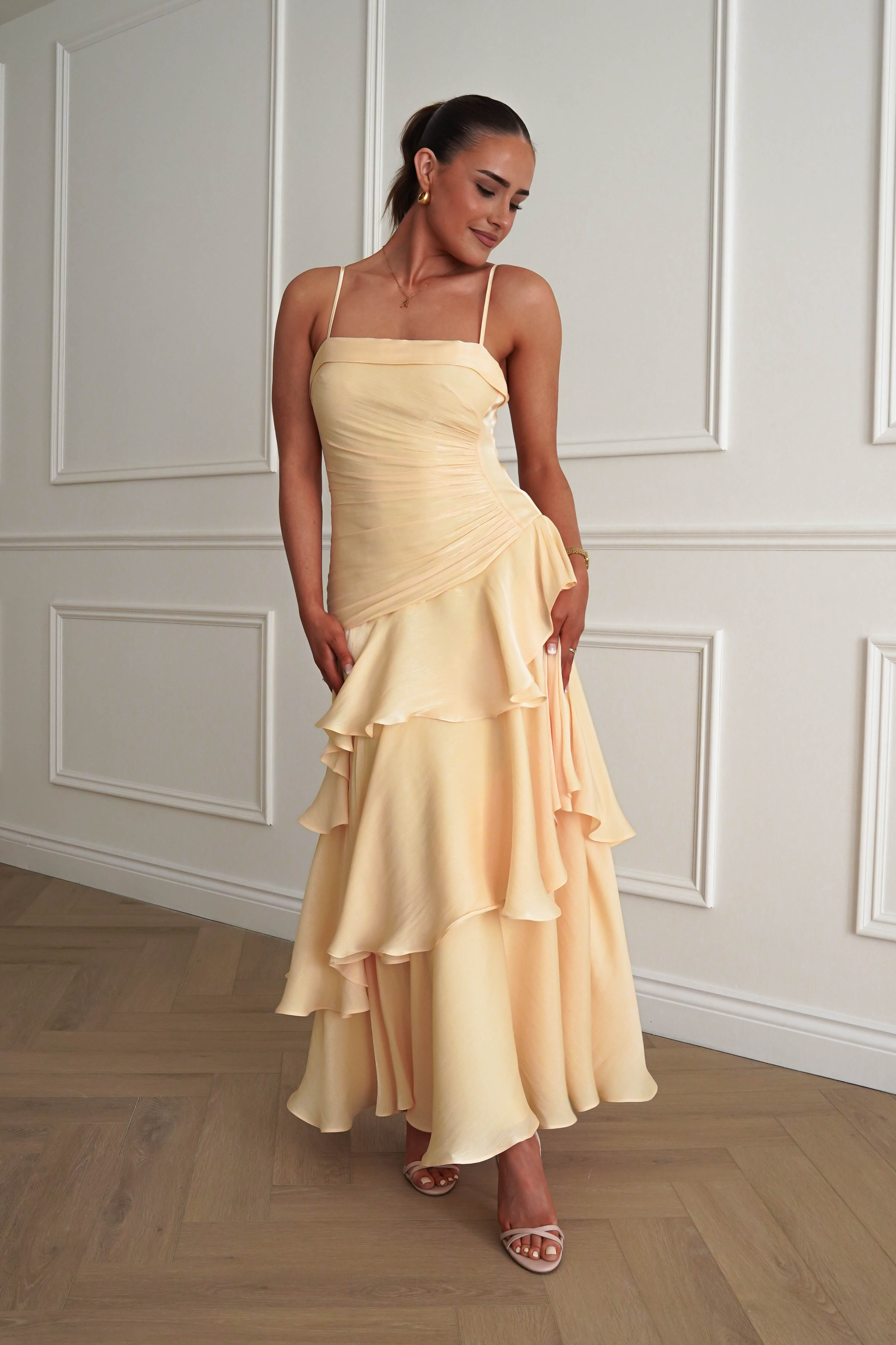 Oh Hello Clothing Women > Clothing > Dresses Renee Luminescent Ruffle Maxi Dress | Yellow