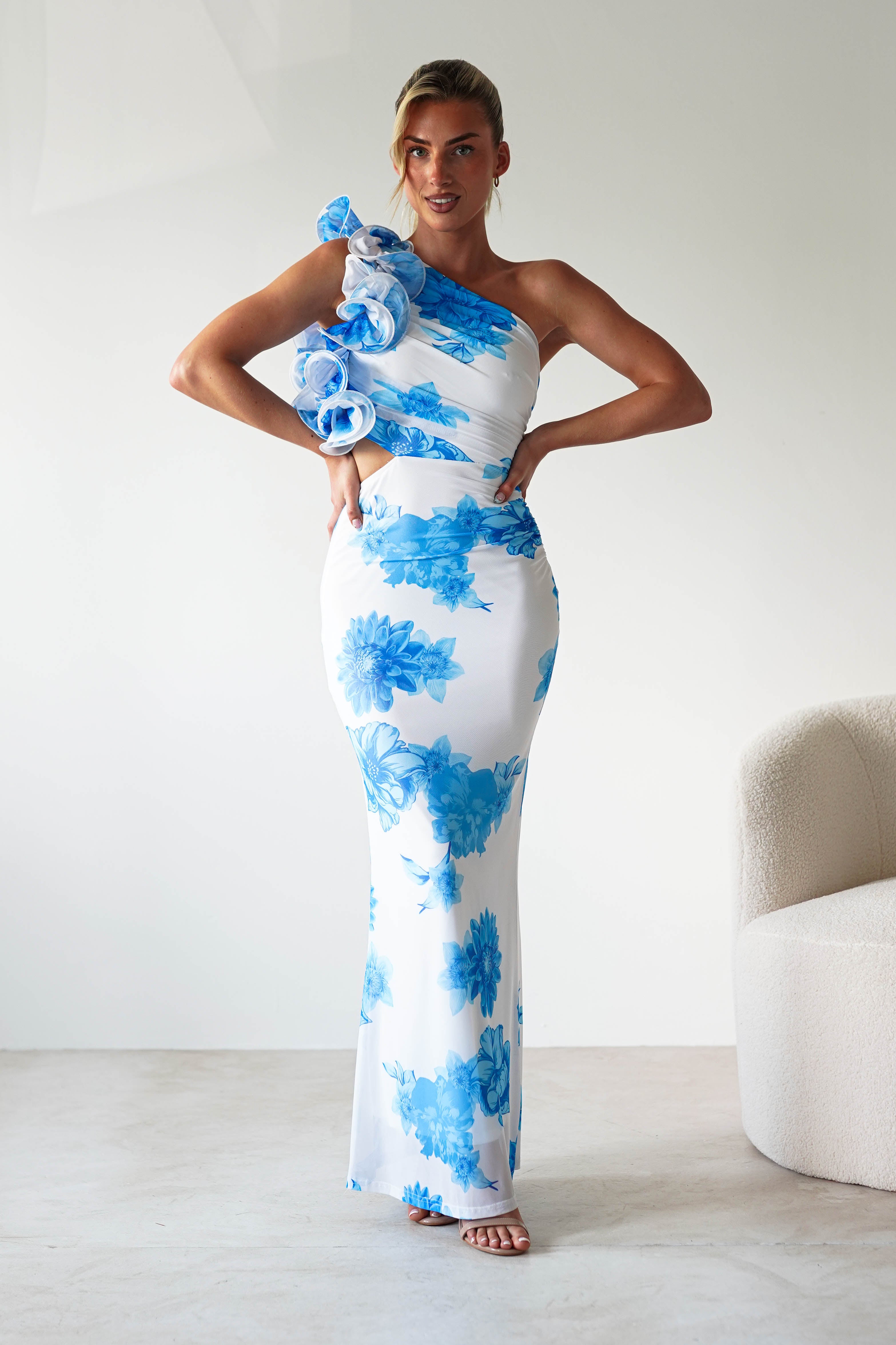 Rhia Ruffle Floral Maxi Dress Blue/White | Wedding Guest Dress | Maxi | Oh Hello Clothing