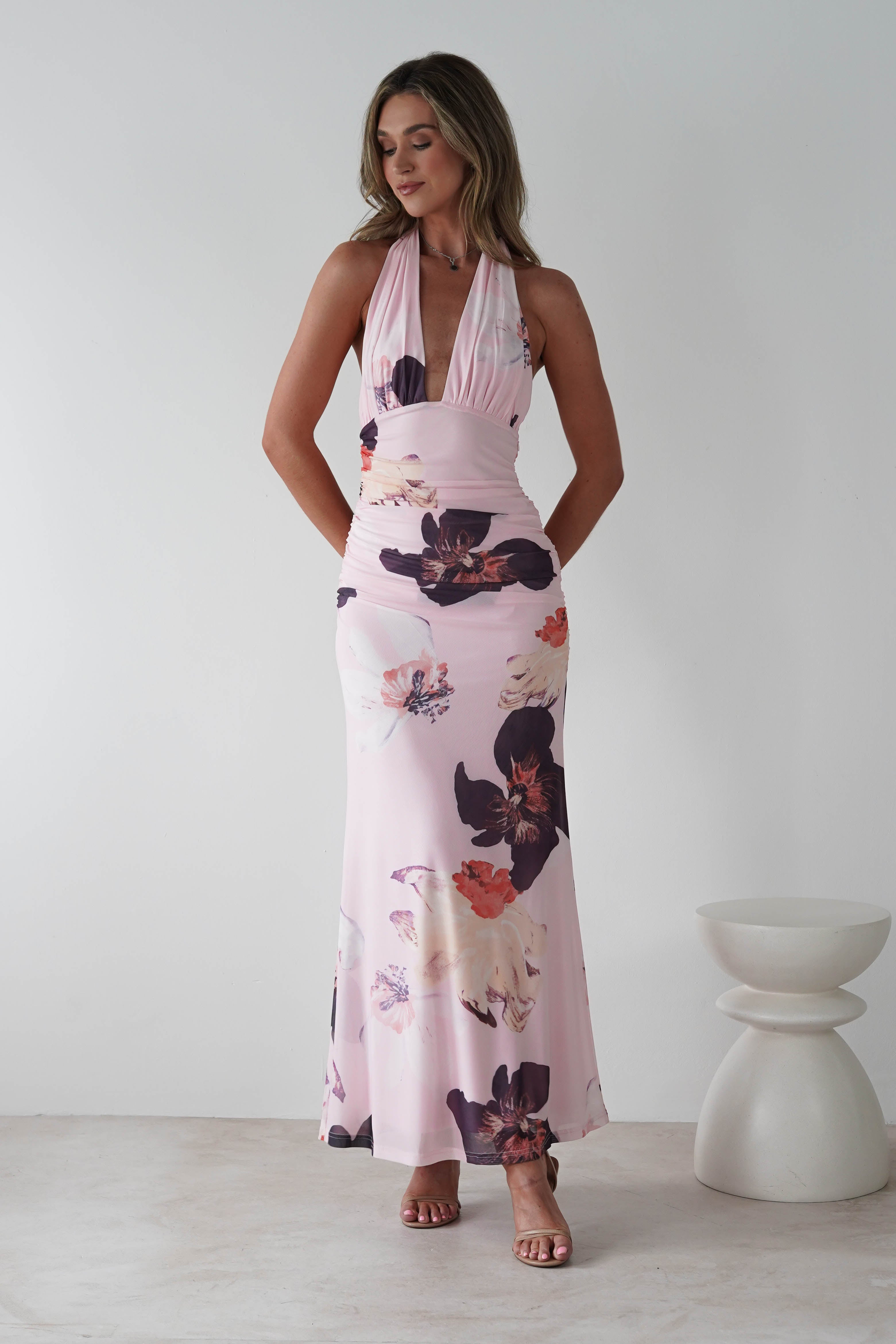 Rhoda Floral Print Mesh Maxi Dress Light Pink | Wedding Guest Dress | Maxi | Mesh | Oh Hello Clothing