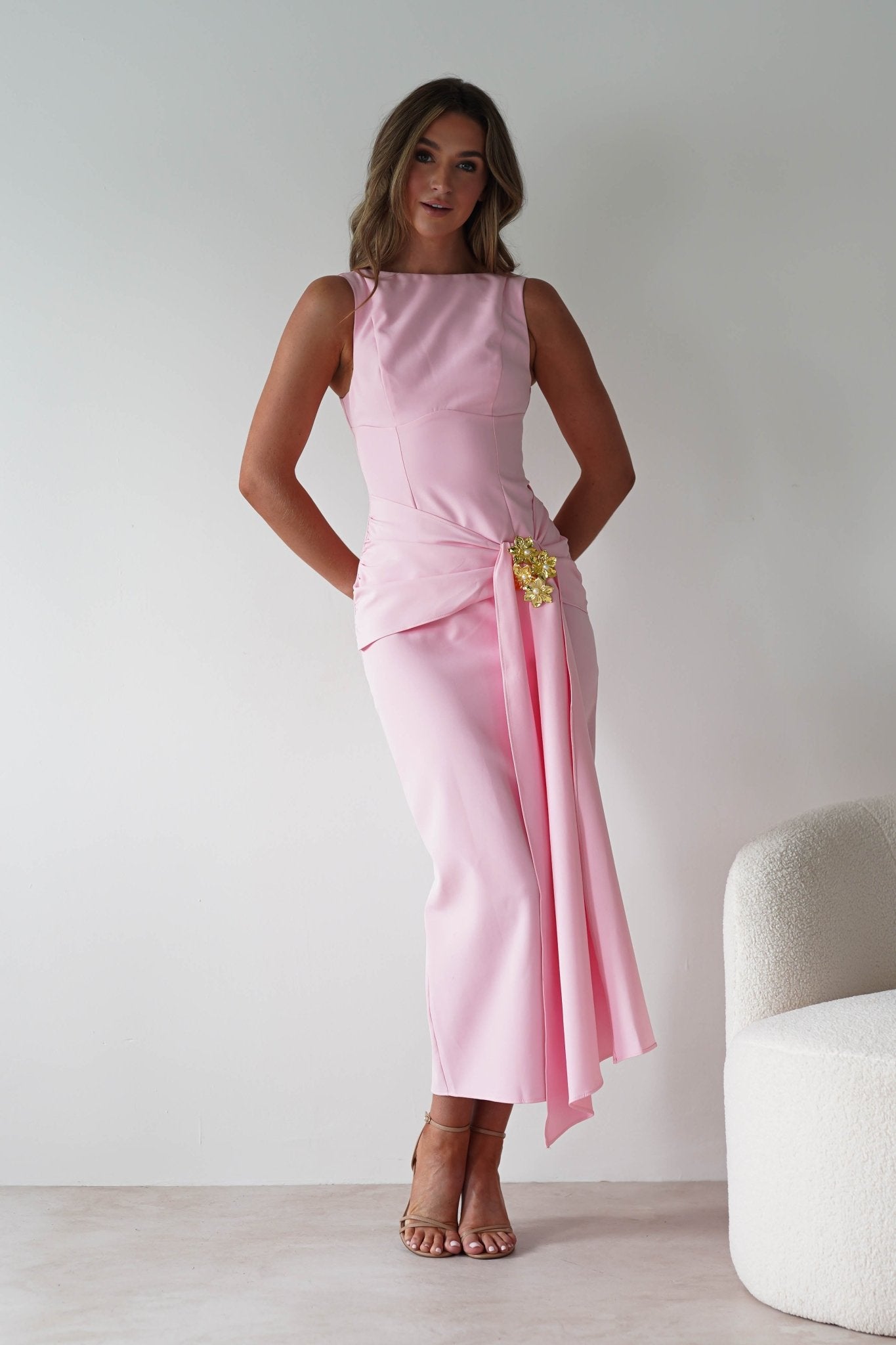 Rina Gathered Waist Midaxi Dress Pink | Wedding Guest Dress | Oh Hello Clothing