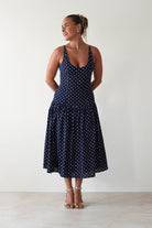 Ritz Polka Dot Drop-hem Midi Dress Navy | Wedding Guest Dress | Midi | Oh Hello Clothing