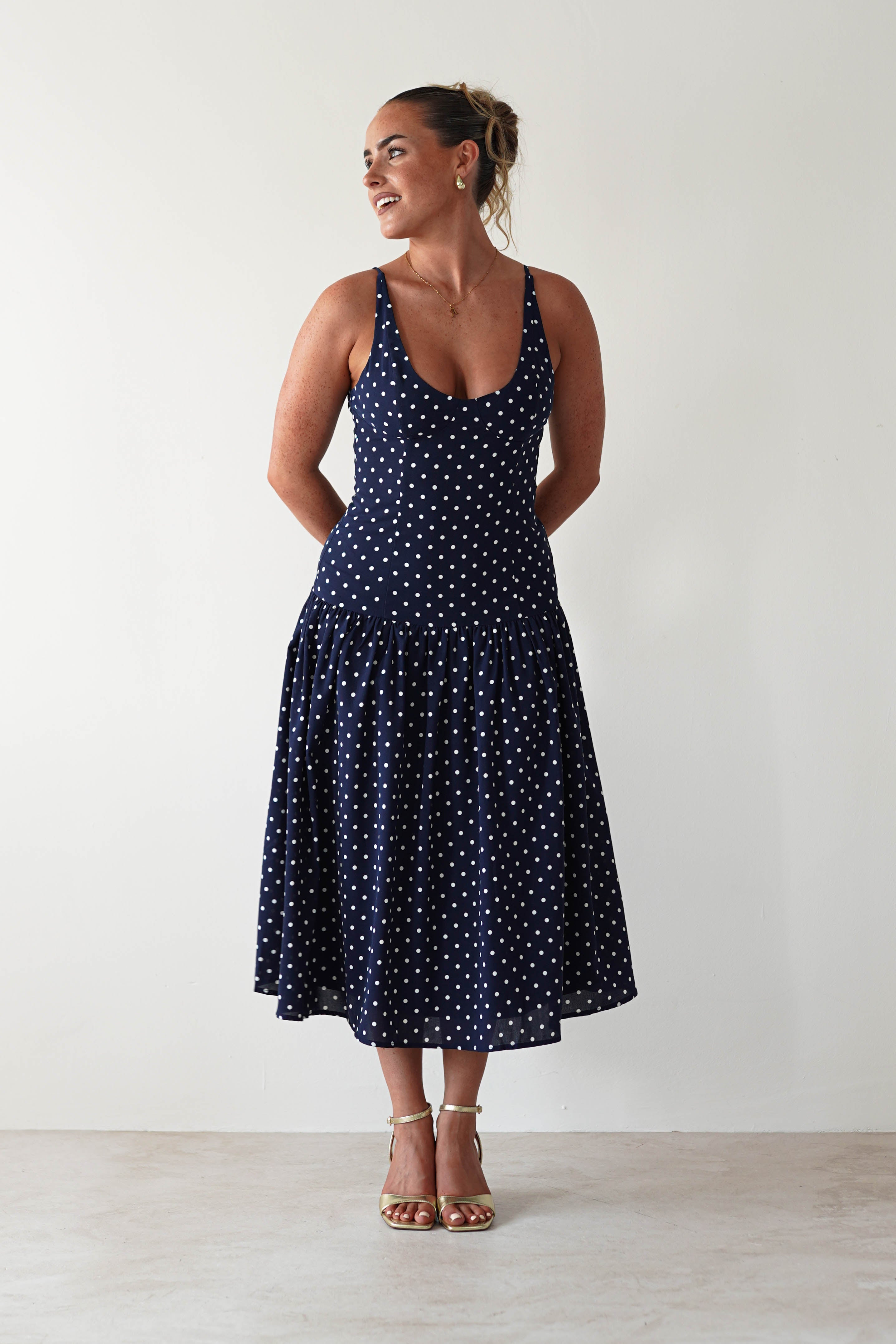 Ritz Polka Dot Drop-hem Midi Dress Navy | Wedding Guest Dress | Midi | Oh Hello Clothing