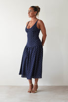 Ritz Polka Dot Drop-hem Midi Dress Navy | Wedding Guest Dress | Midi | Oh Hello Clothing