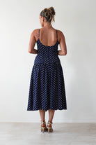 Ritz Polka Dot Drop-hem Midi Dress Navy | Wedding Guest Dress | Midi | Oh Hello Clothing