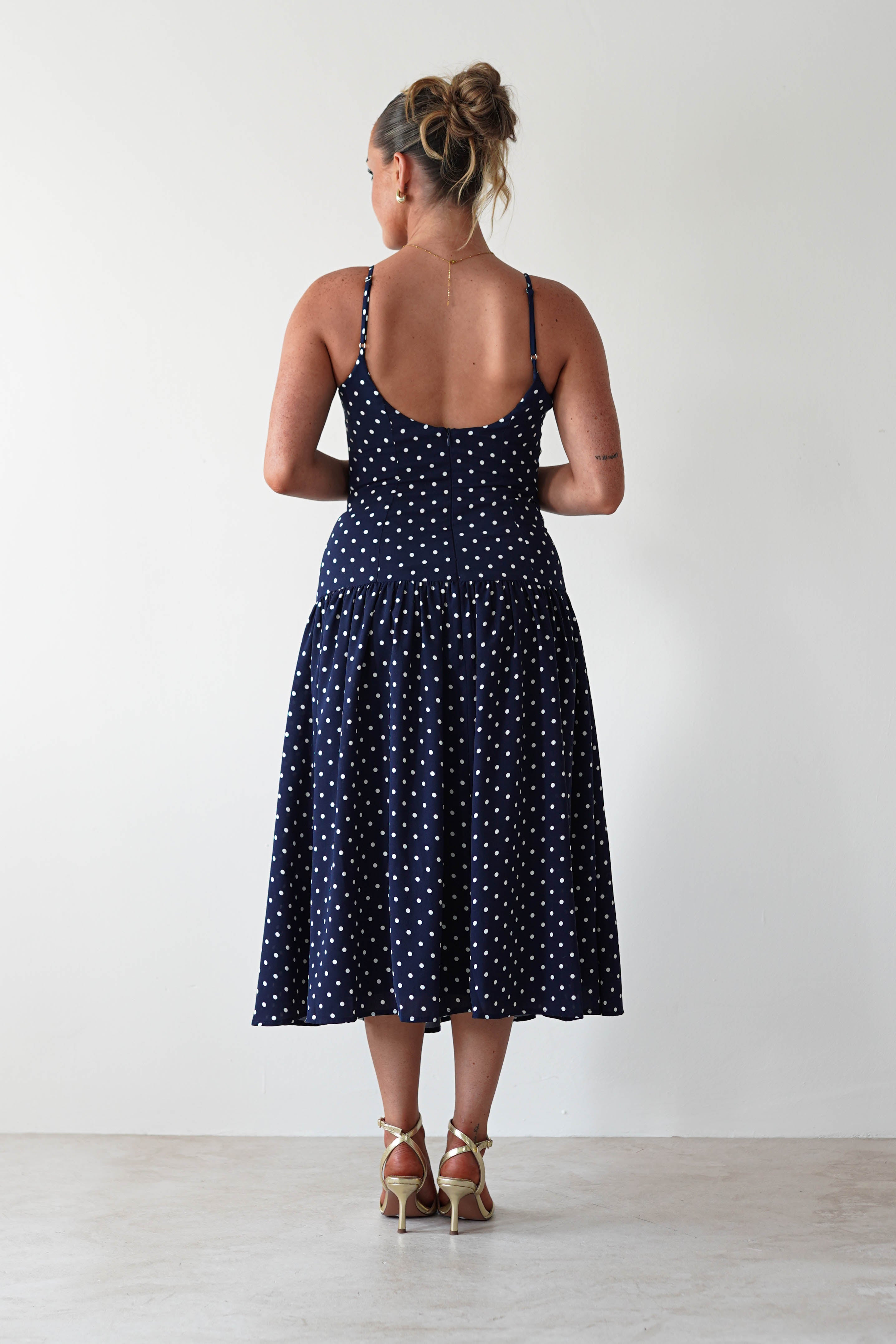 Ritz Polka Dot Drop-hem Midi Dress Navy | Wedding Guest Dress | Midi | Oh Hello Clothing