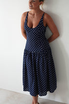 Ritz Polka Dot Drop-hem Midi Dress Navy | Wedding Guest Dress | Midi | Oh Hello Clothing