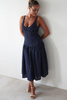 Ritz Polka Dot Drop-hem Midi Dress Navy | Wedding Guest Dress | Midi | Oh Hello Clothing