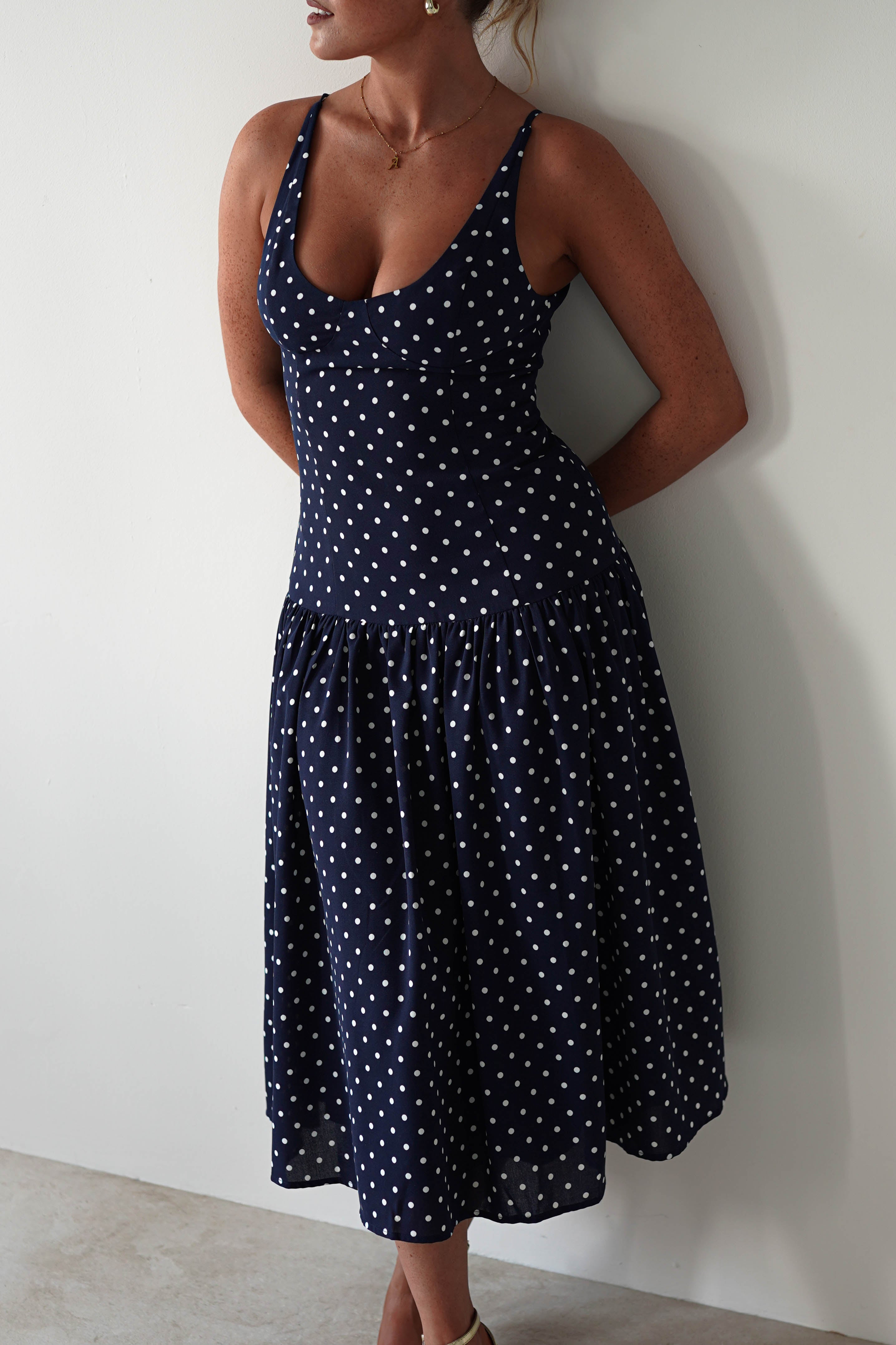 Ritz Polka Dot Drop-hem Midi Dress Navy | Wedding Guest Dress | Midi | Oh Hello Clothing