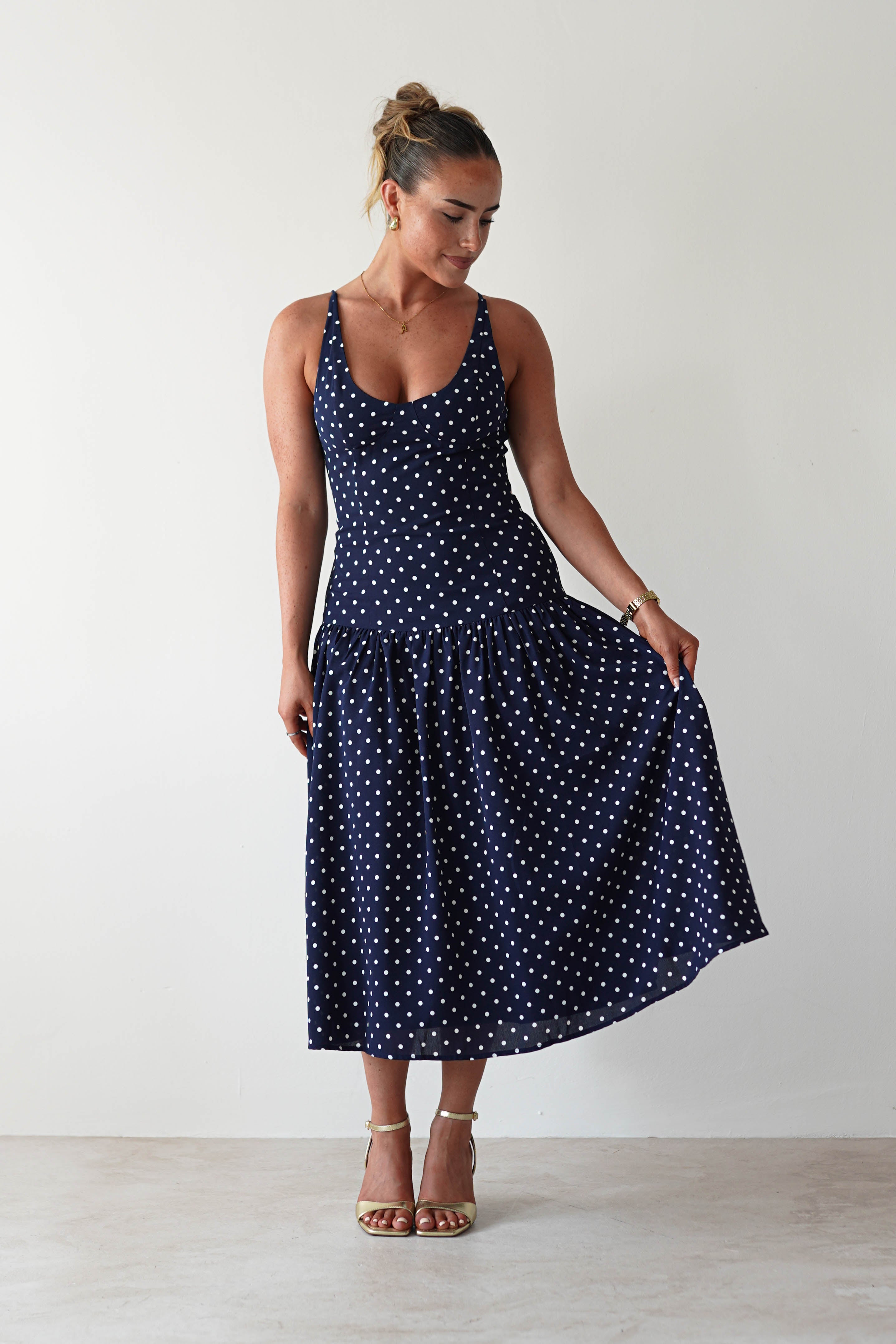 Ritz Polka Dot Drop-hem Midi Dress Navy | Wedding Guest Dress | Midi | Oh Hello Clothing