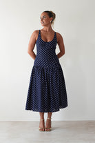 Ritz Polka Dot Drop-hem Midi Dress Navy | Wedding Guest Dress | Midi | Oh Hello Clothing