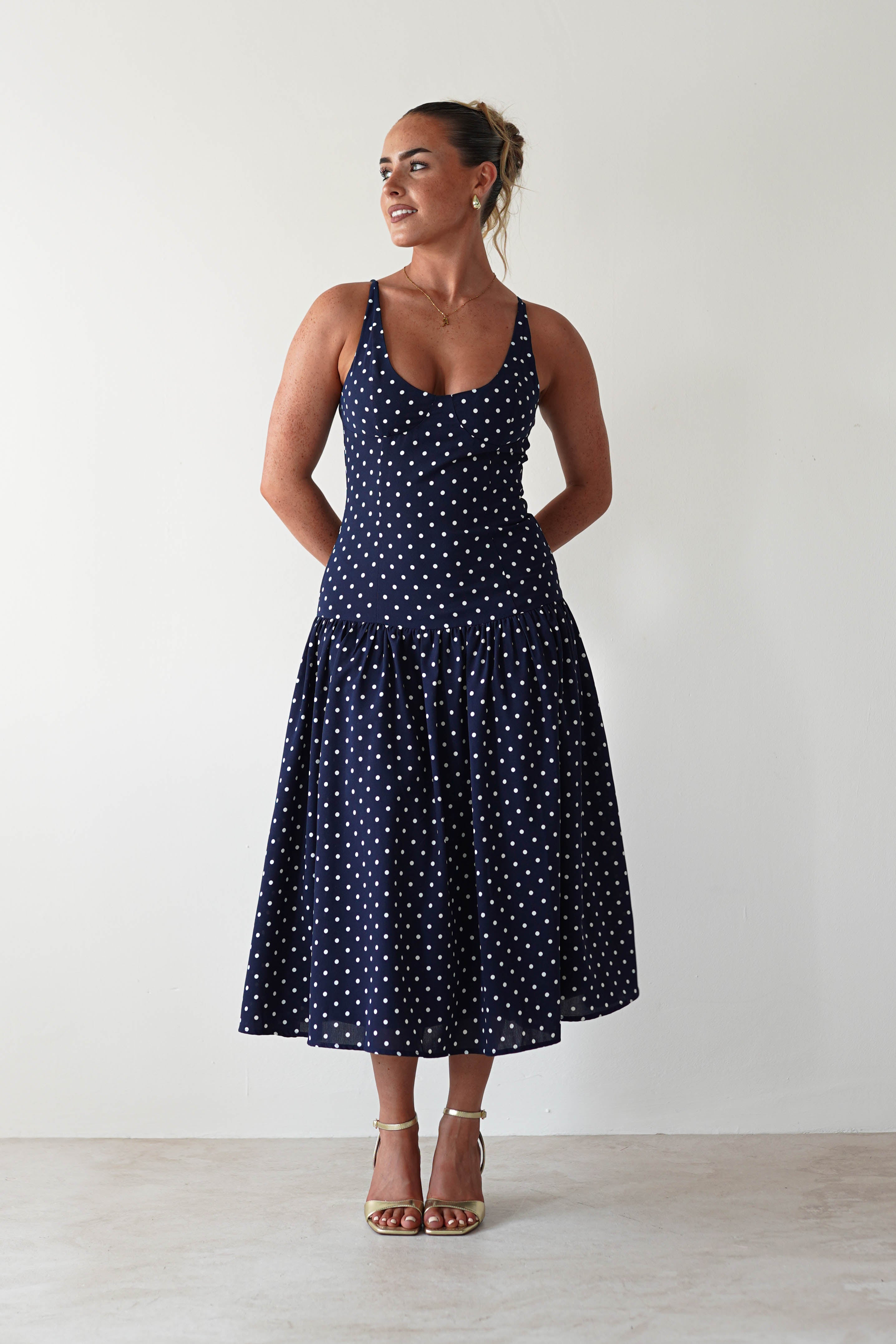 Ritz Polka Dot Drop-hem Midi Dress Navy | Wedding Guest Dress | Midi | Oh Hello Clothing