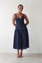 Ritz Polka Dot Drop-hem Midi Dress Navy | Wedding Guest Dress | Midi | Oh Hello Clothing