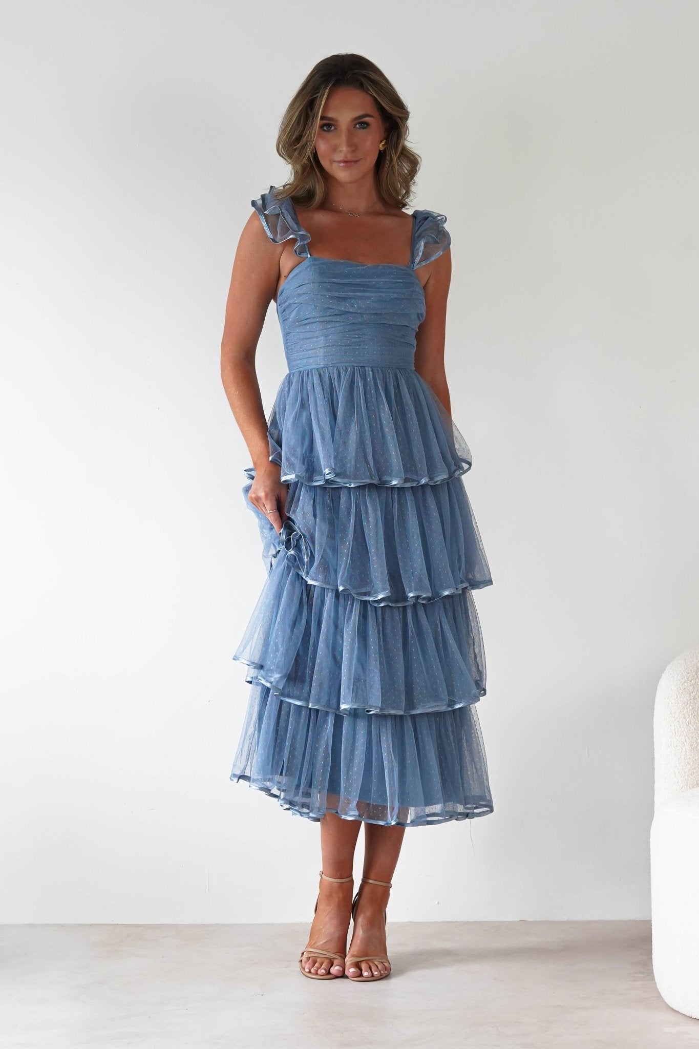 Riverina Tulle Layered Midi Dress Blue | Wedding Guest Dress | Midi | Oh Hello Clothing