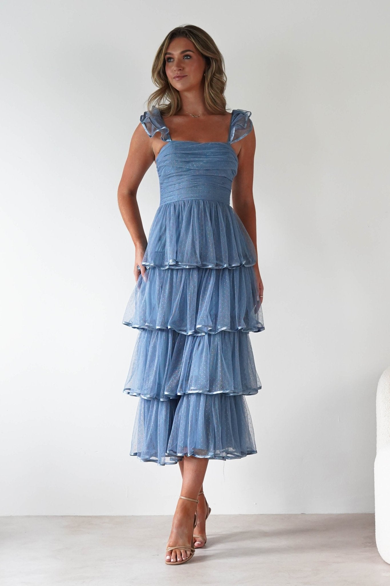 Riverina Tulle Layered Midi Dress Blue | Wedding Guest Dress | Midi | Oh Hello Clothing
