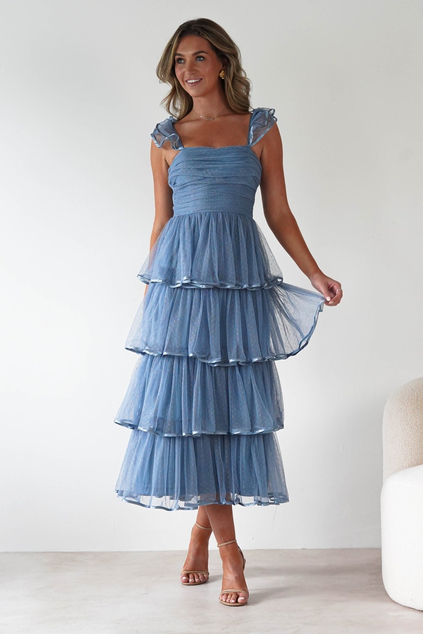 Riverina Tulle Layered Midi Dress Blue | Wedding Guest Dress | Midi | Oh Hello Clothing