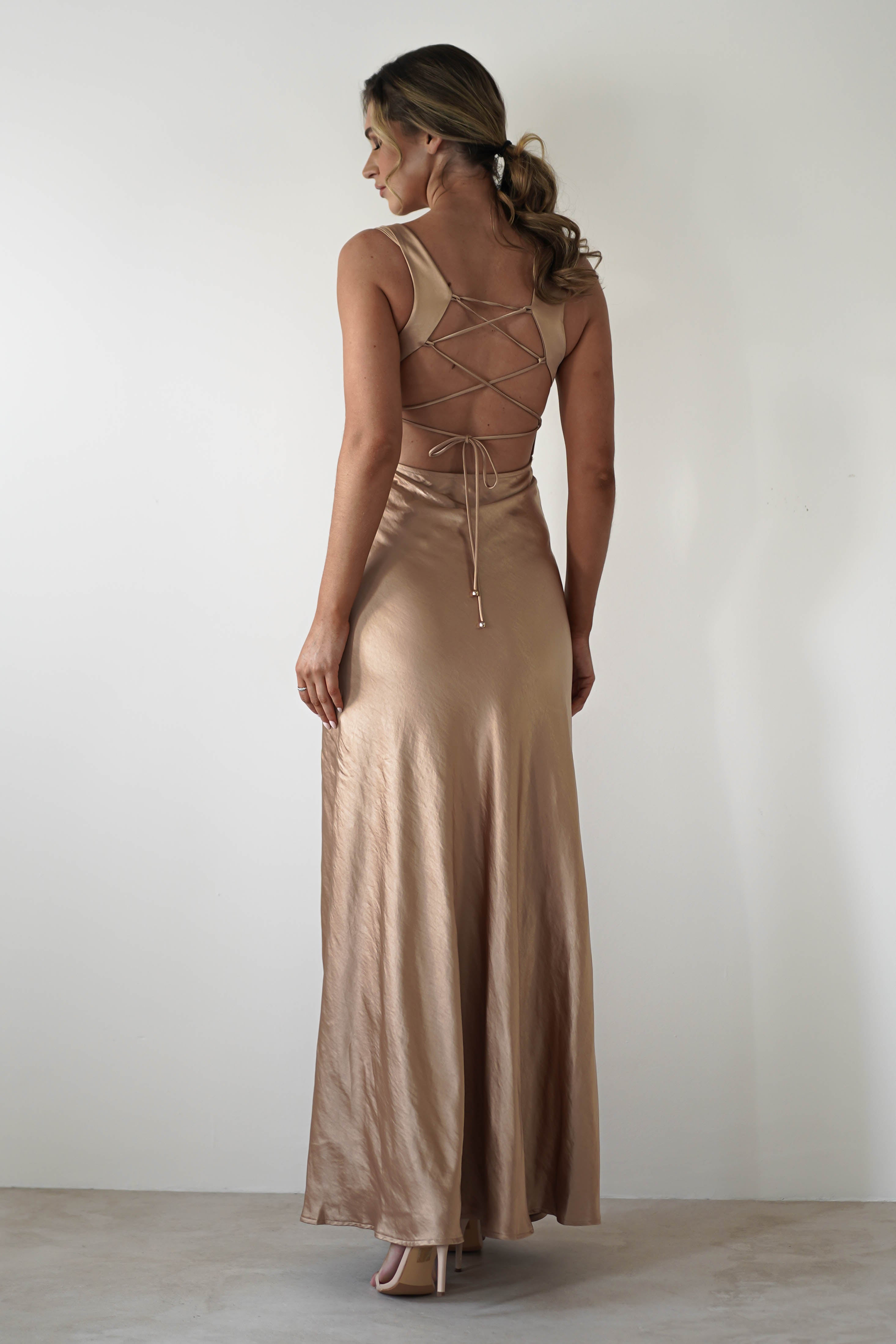 Riviera Soft Satin Maxi Gown | Gold/Bronze | Debs & Prom | Formal Gown | Oh Hello Clothing
