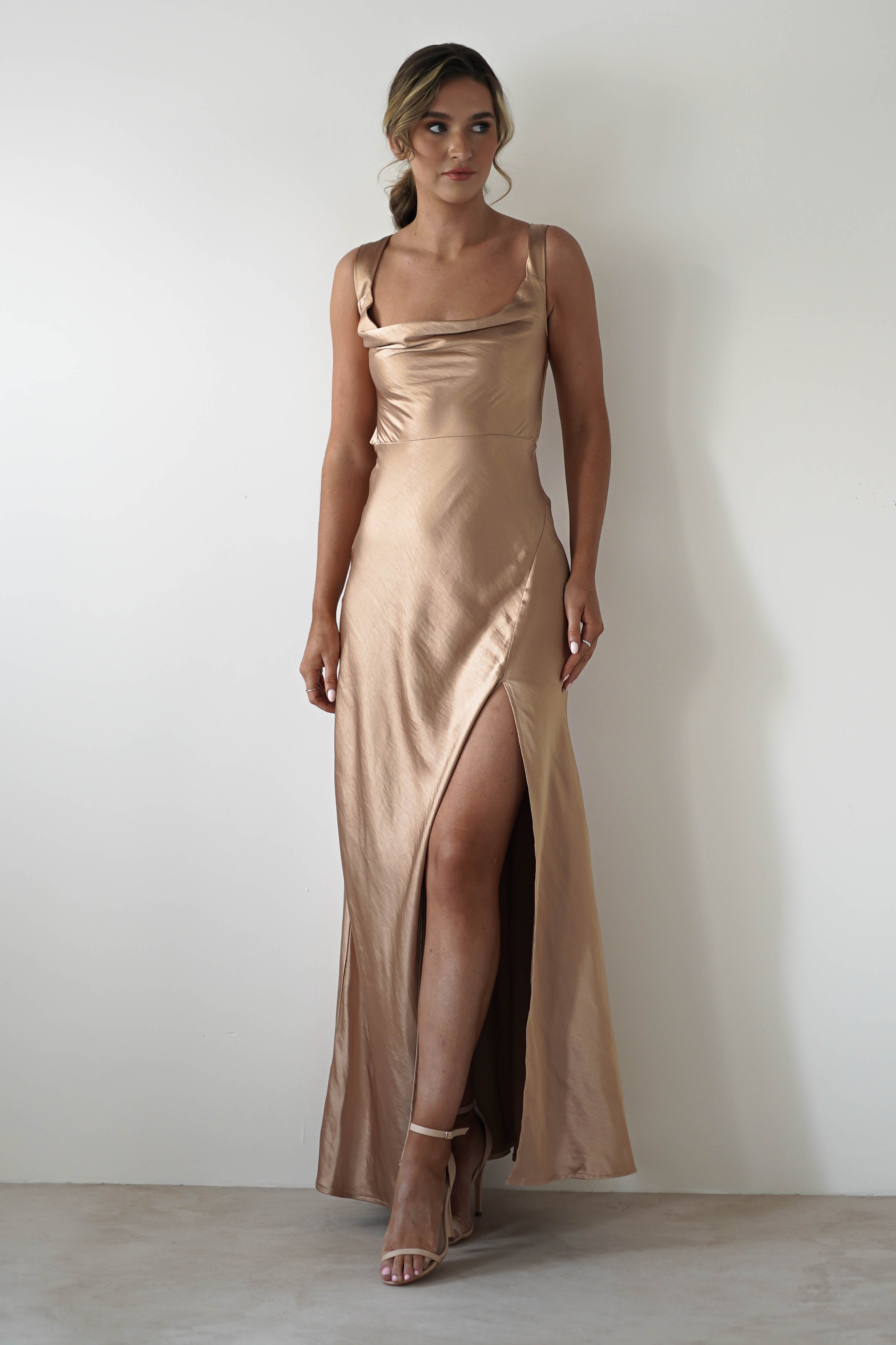 Riviera Soft Satin Maxi Gown | Gold/Bronze | Debs & Prom | Formal Gown | Oh Hello Clothing