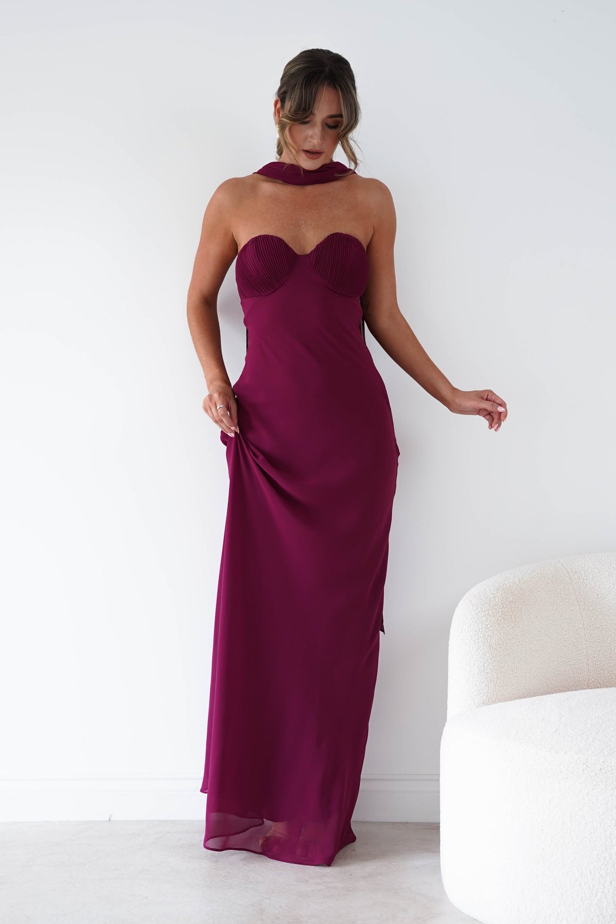 Oh Hello Clothing Women > Clothing > Dresses Robyn Strapless Chiffon Scarf Maxi Dress | Berry