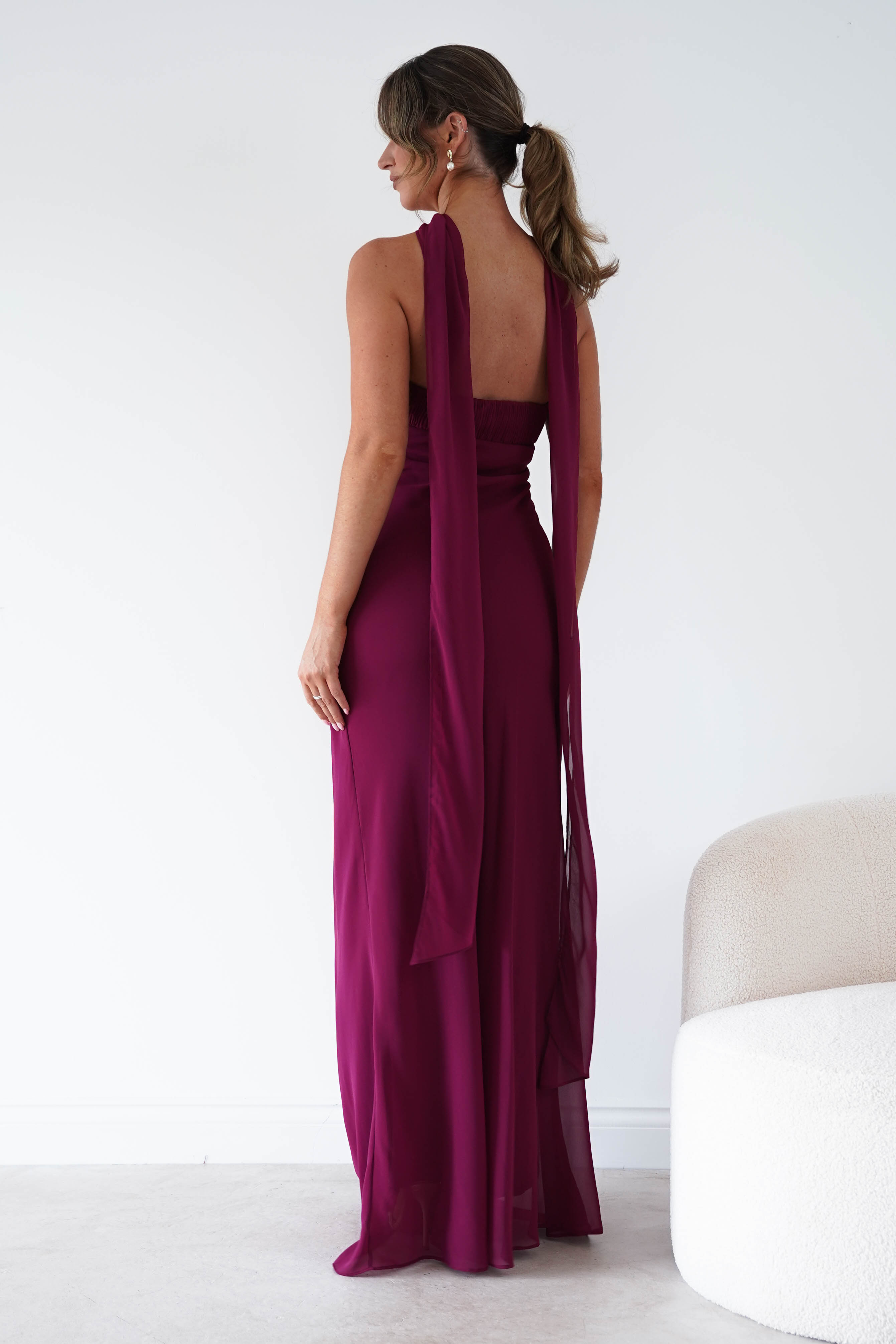 Oh Hello Clothing Women > Clothing > Dresses Robyn Strapless Chiffon Scarf Maxi Dress | Berry
