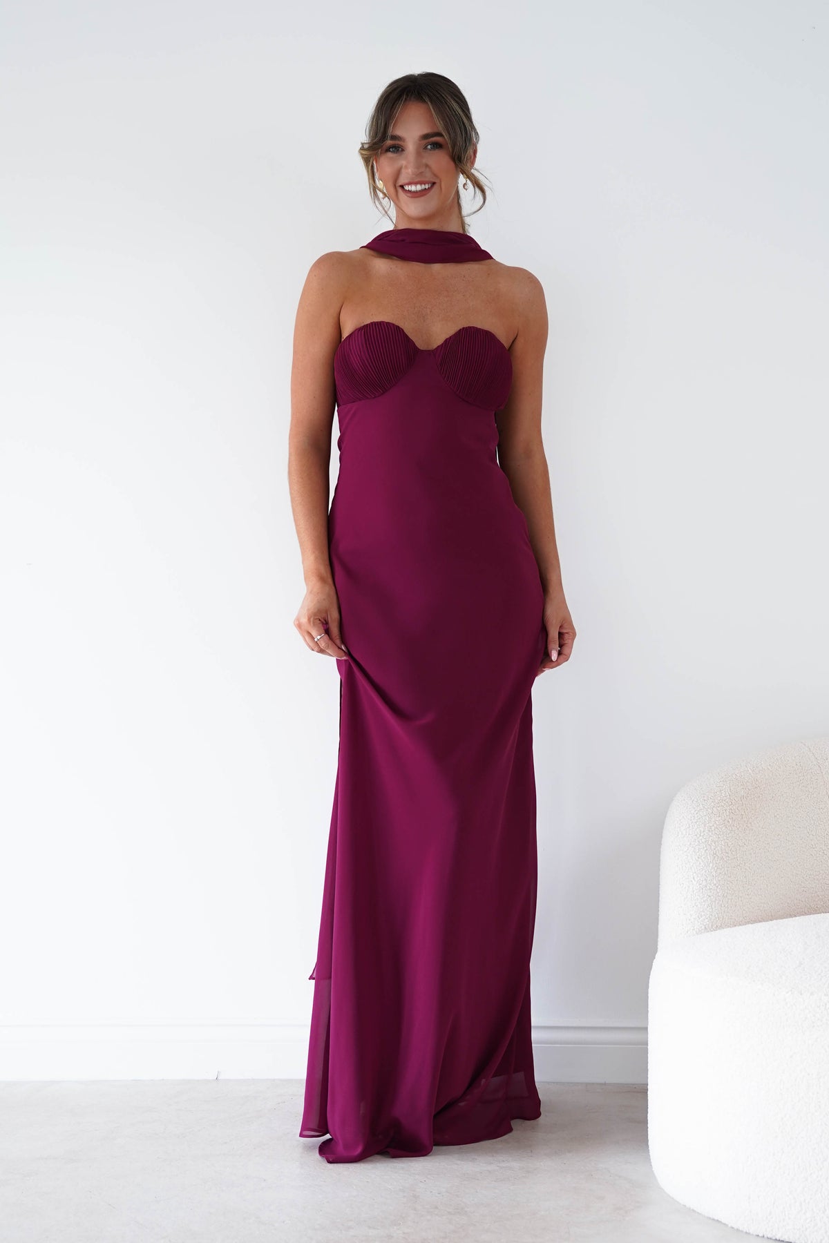 Oh Hello Clothing Women > Clothing > Dresses Robyn Strapless Chiffon Scarf Maxi Dress | Berry