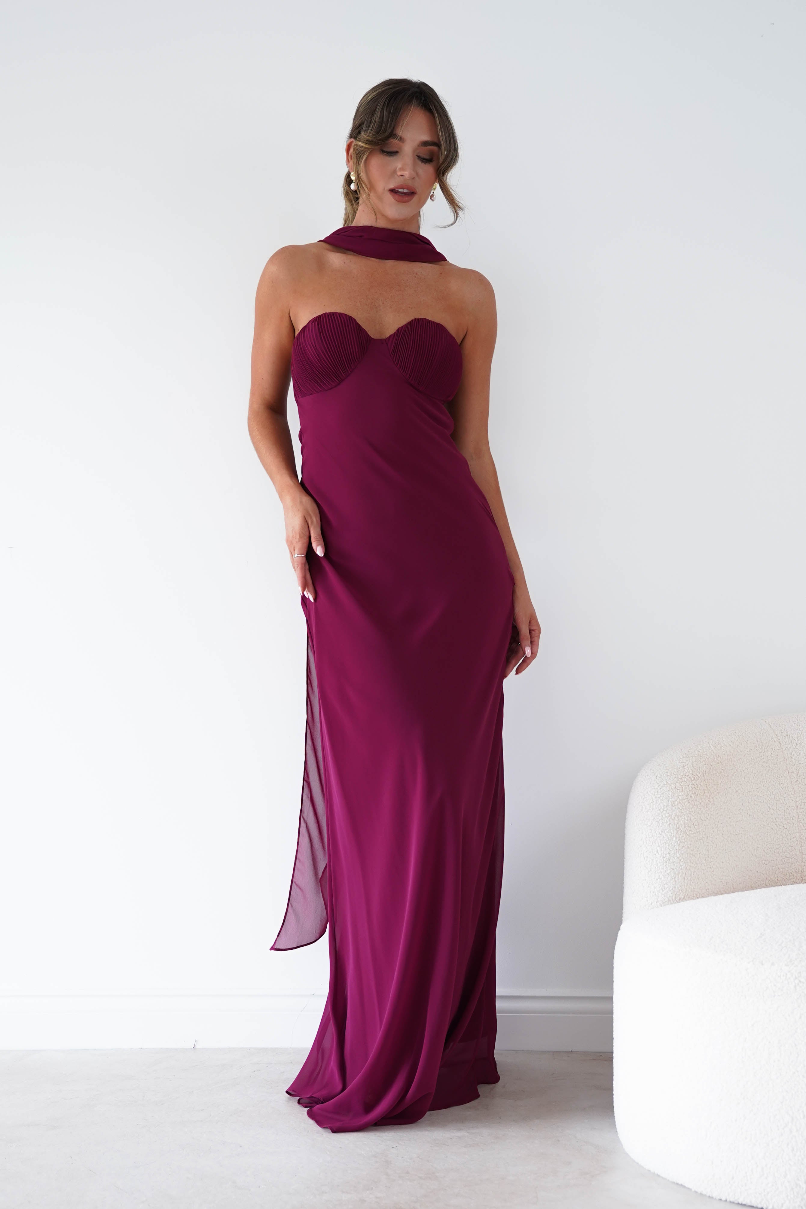 Oh Hello Clothing Women > Clothing > Dresses Robyn Strapless Chiffon Scarf Maxi Dress | Berry