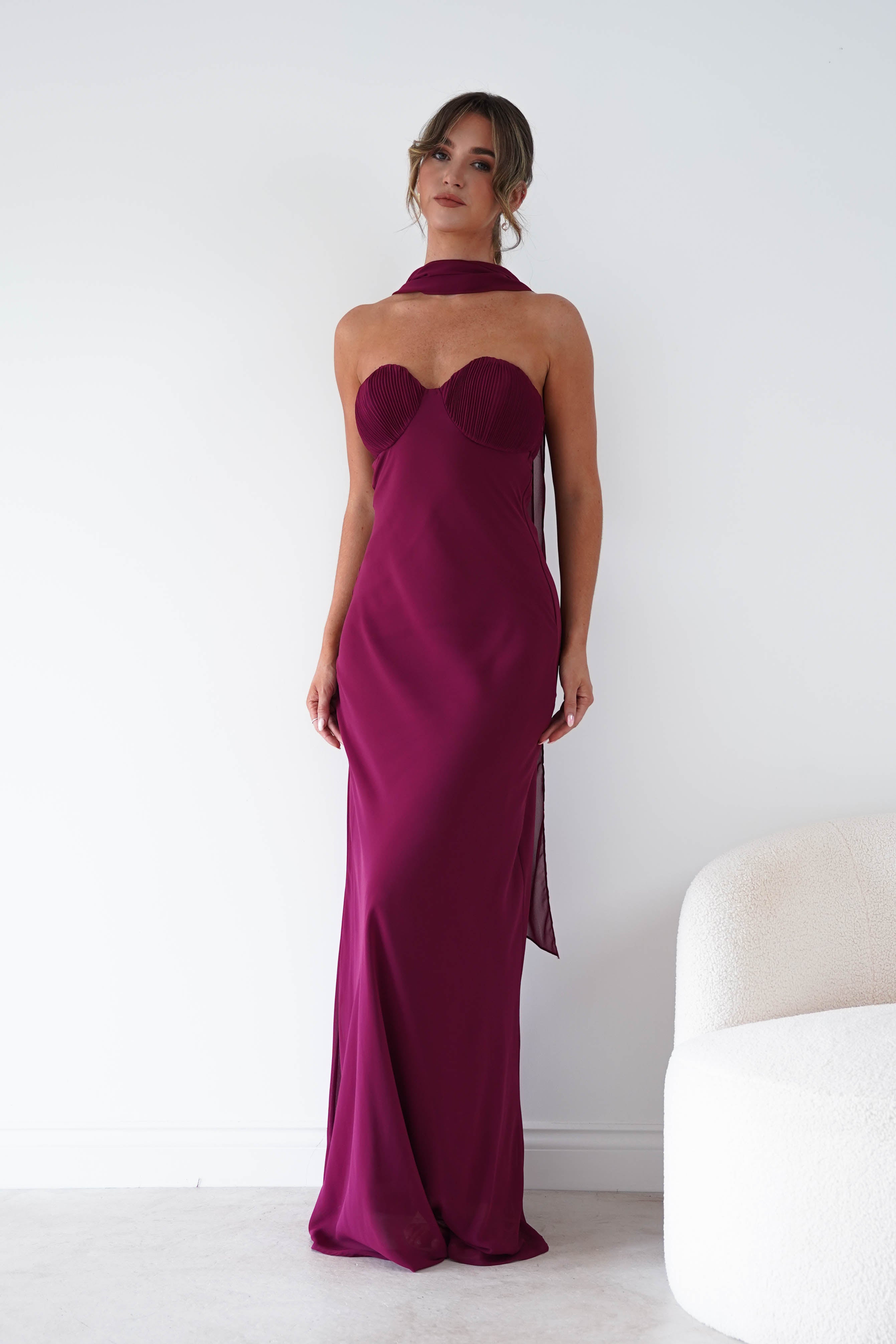 Oh Hello Clothing Women > Clothing > Dresses Robyn Strapless Chiffon Scarf Maxi Dress | Berry