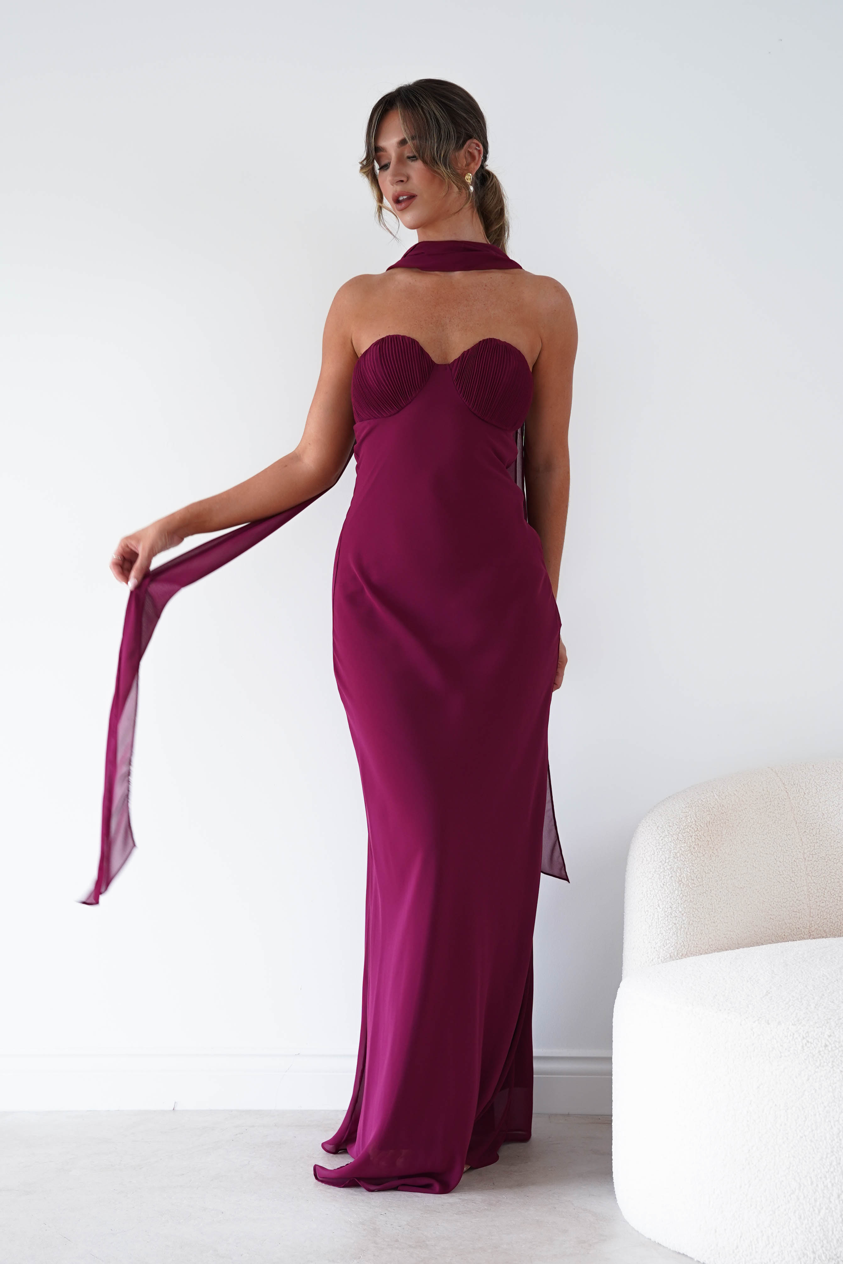 Oh Hello Clothing Women > Clothing > Dresses Robyn Strapless Chiffon Scarf Maxi Dress | Berry